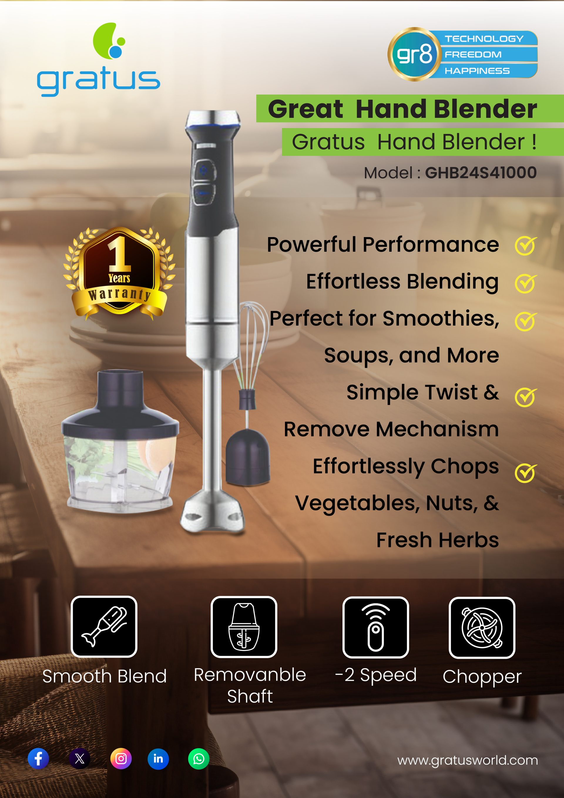 Gratus 1500W 4-in-1 Hand Blender with Chopper image 2