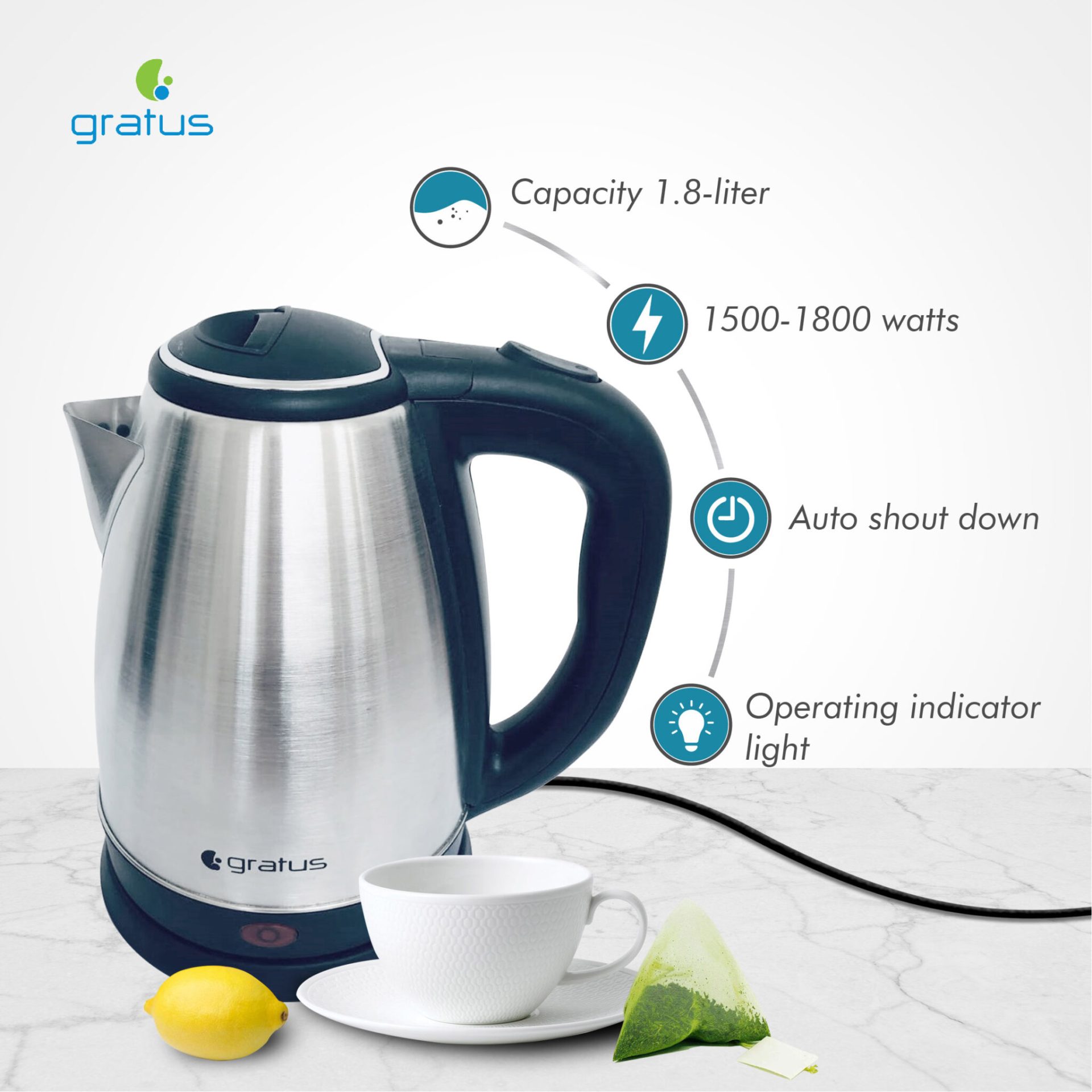 Gratus 1.8L Stainless Steel Electric Kettle with Auto Shut Off & Cordless Base – GKSS1815AC image 4
