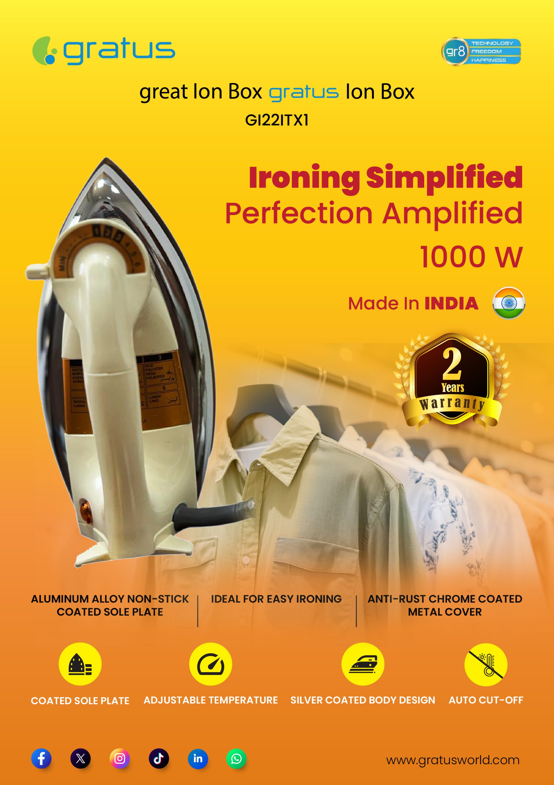 Gratus 1000W Dry Iron with Ceramic Soleplate & Variable Temperature Control | Model GI22ITX1 image 4