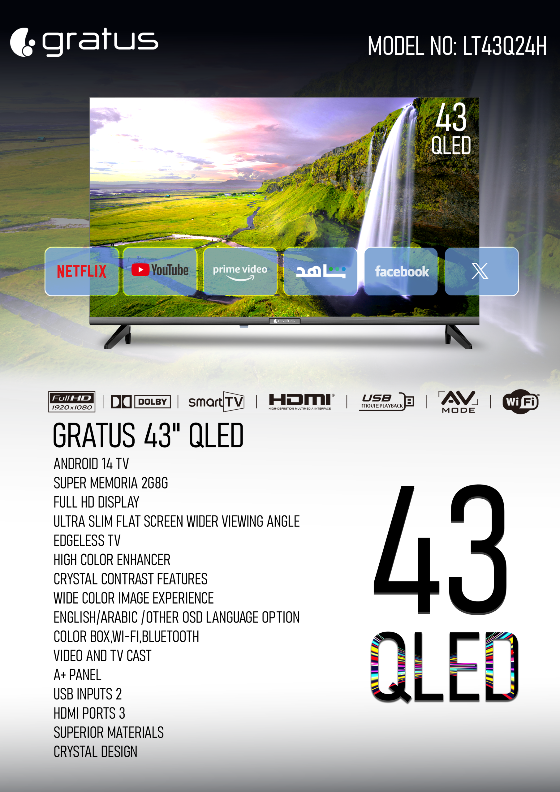 Gratus 43-Inch QLED Full HD Smart TV | Android 14 | Frameless Design | Built-in DVB-T2/S2 | LT43Q24H image 5