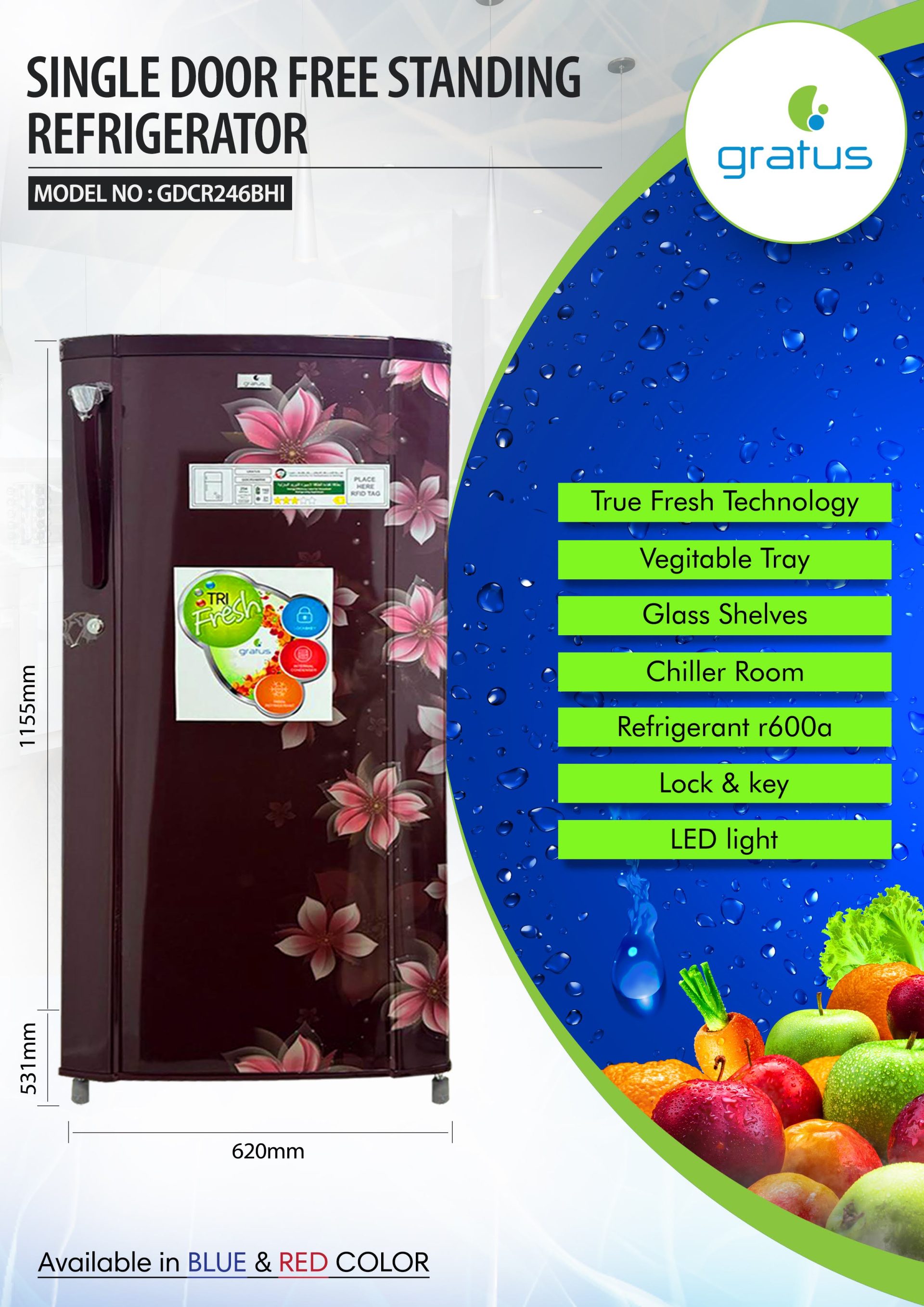 Gratus 246L Direct Cool Single Door Refrigerator – Marine Peony | GDCR246BHI image 3