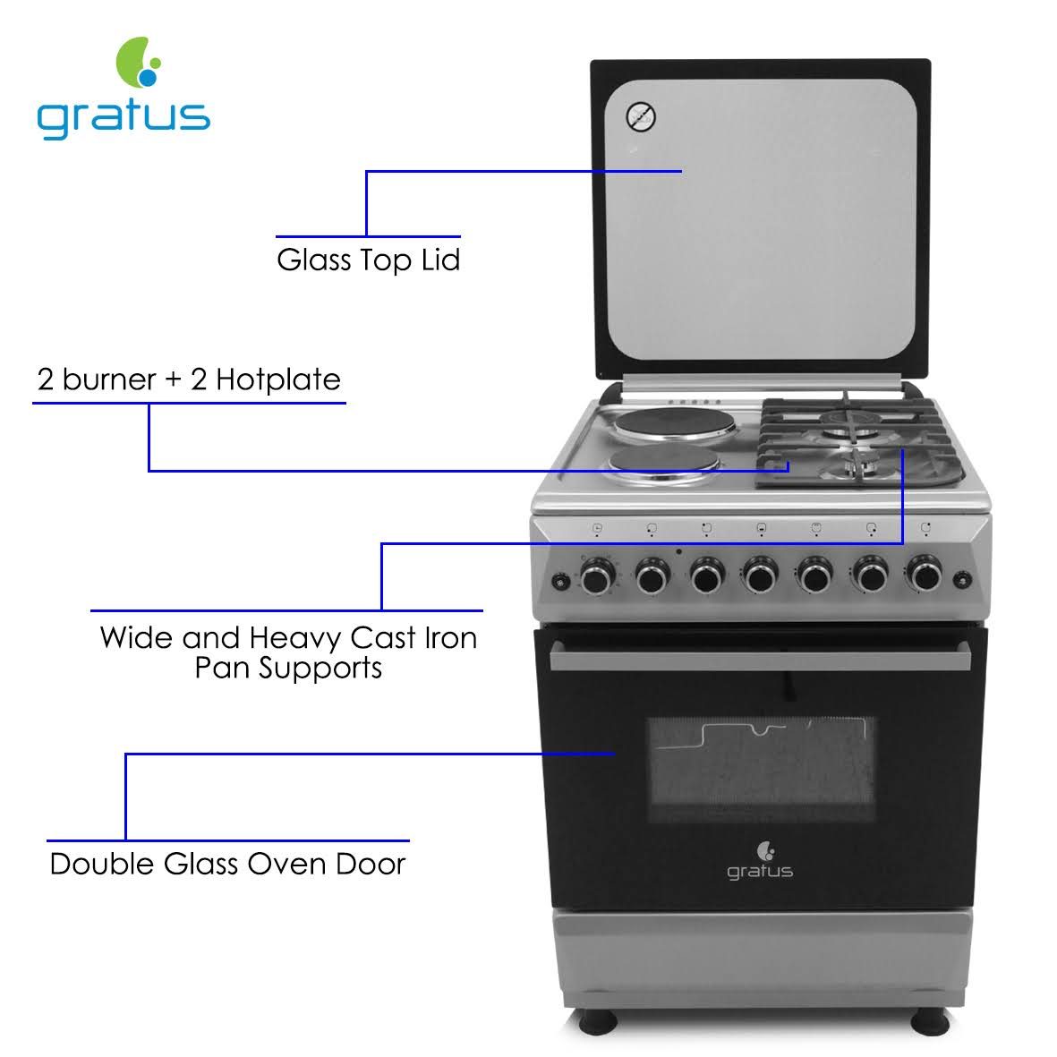 Gratus 60×60 Free Standing Gas Cooker with 2 burner+ 2Hotplate; Turbo Fan image 4