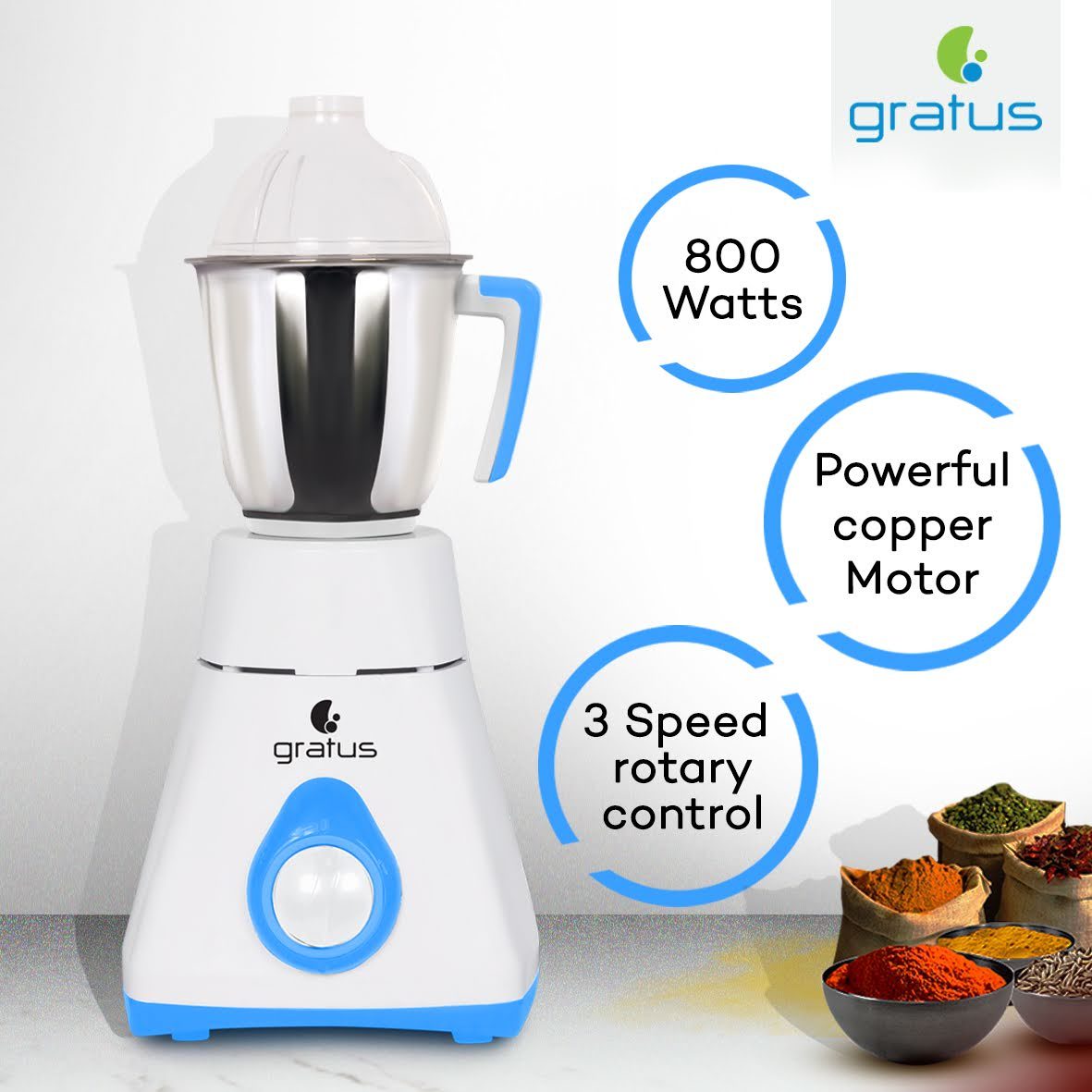 Gratus 800W Mixer Grinder with 3 Stainless Steel Jars image 2