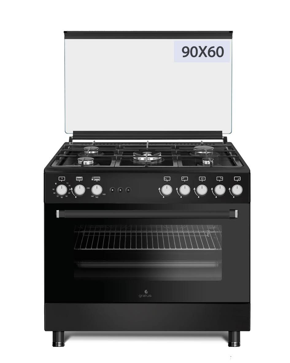 Gratus 90×60 cm Full Safety Free Standing Gas Cooker with 5 Euro Burners (Black) – GGR951F1BS1