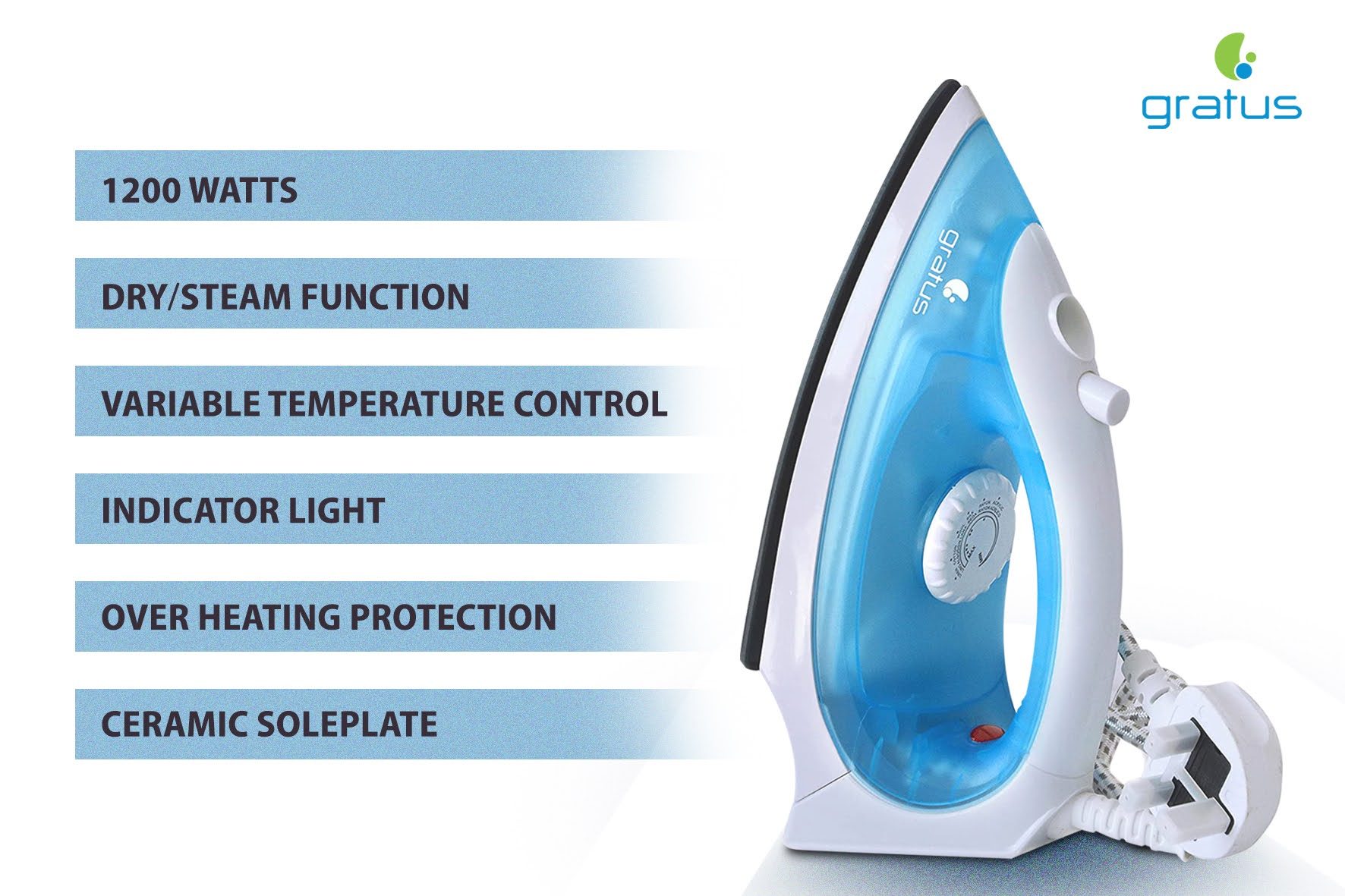Gratus 1200W Steam Iron with Ceramic Soleplate – GSI1200UC image 4