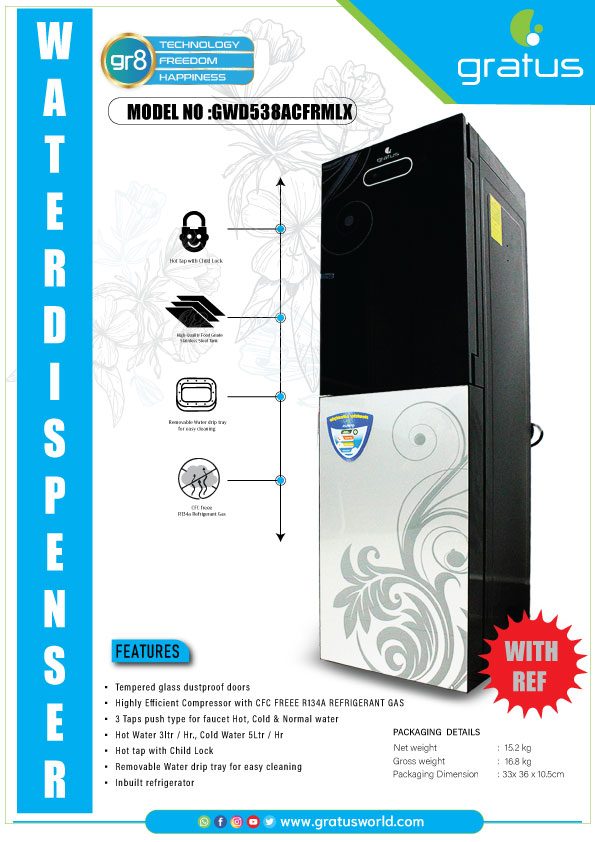 Gratus 3 Tap Floor Standing Top Loading Water Dispenser with Inbuilt Refrigerator | Hot image 5