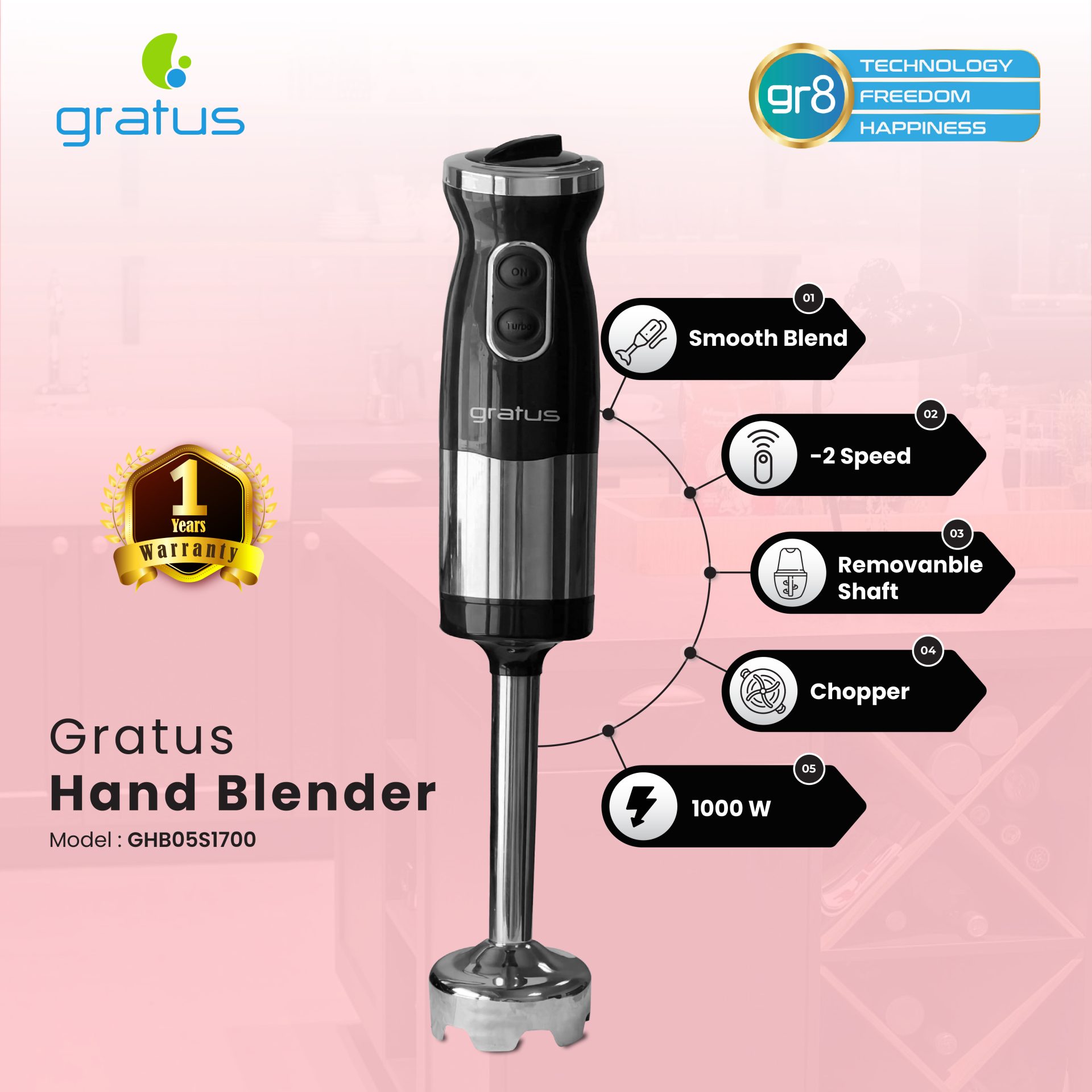 Gratus 1000W Hand Blender with Detachable Stainless Steel Rod | Model GHB05S1700 image 5