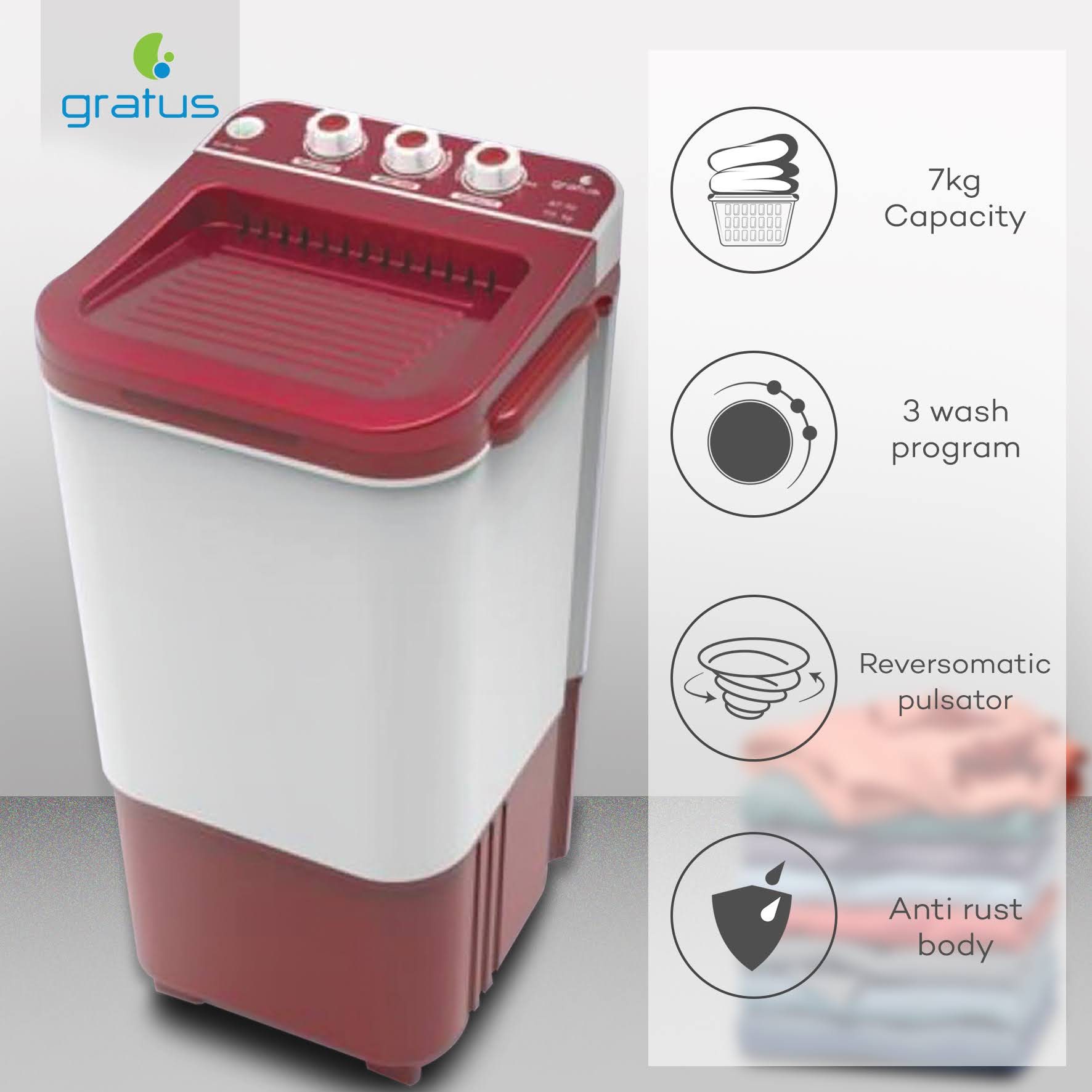 Gratus 7KG Single Tub Washing Machine Dark Maroon | GWST70-DM image 2