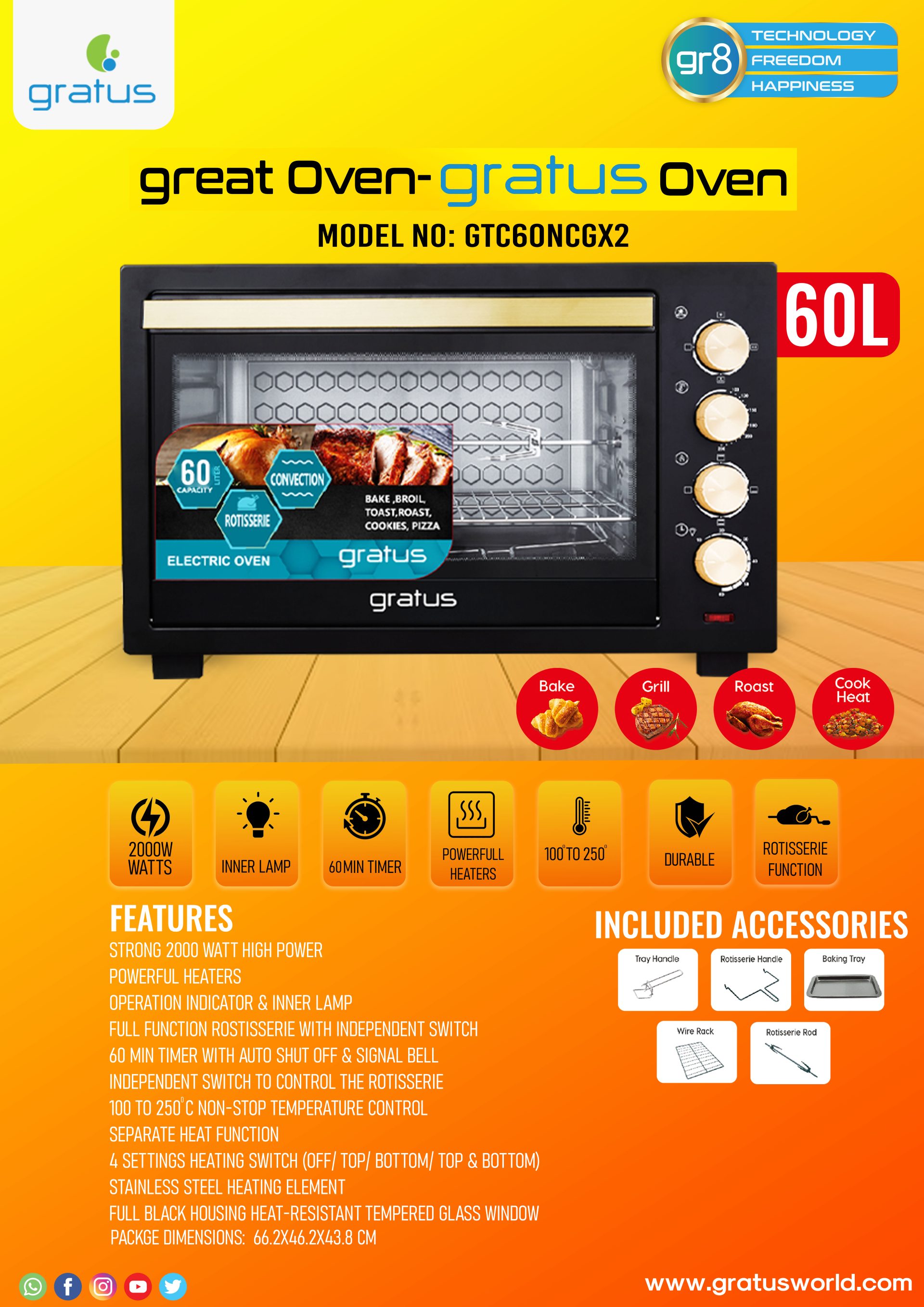 Gratus 60L Electric Oven Toaster Grill 2000W with Rotisserie image 5