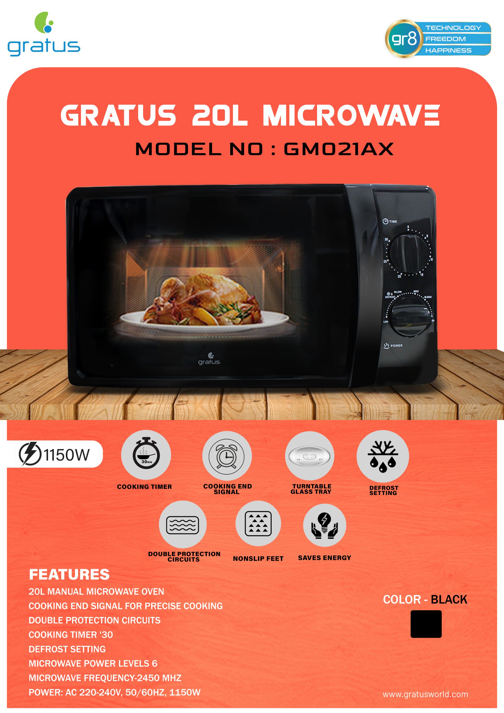 Gratus Solo Microwave Oven with Full Glass Door product detail image