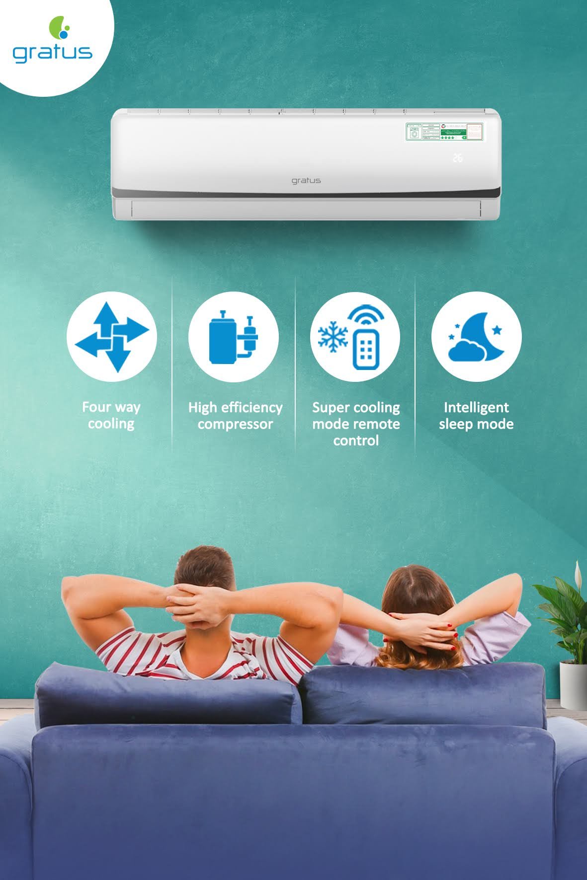 Gratus 30000 BTU 2.5 Ton Split Air Conditioner | T3 Tropicalized Compressor | 4-Way Cooling | GSACP320C1AKK product detail image