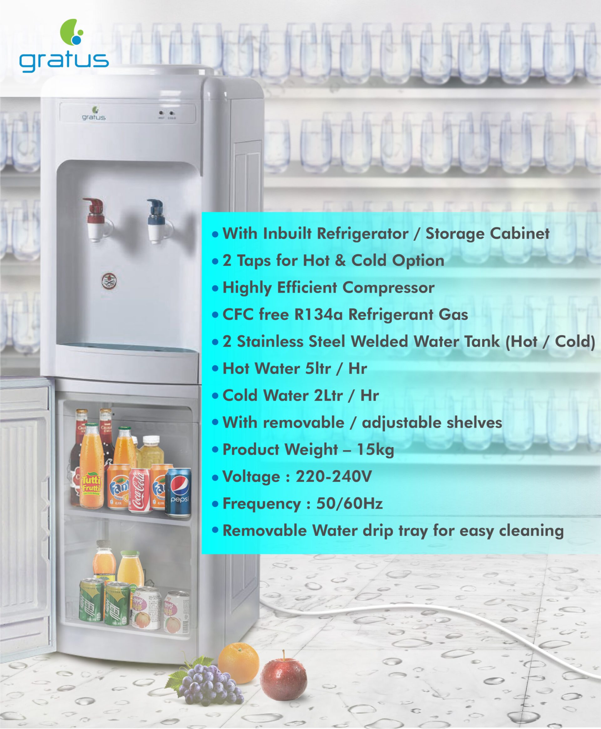 Gratus 2 Tap Hot & Cold Water Dispenser with Refrigerator (White) – GWD520ZCFRW image 6