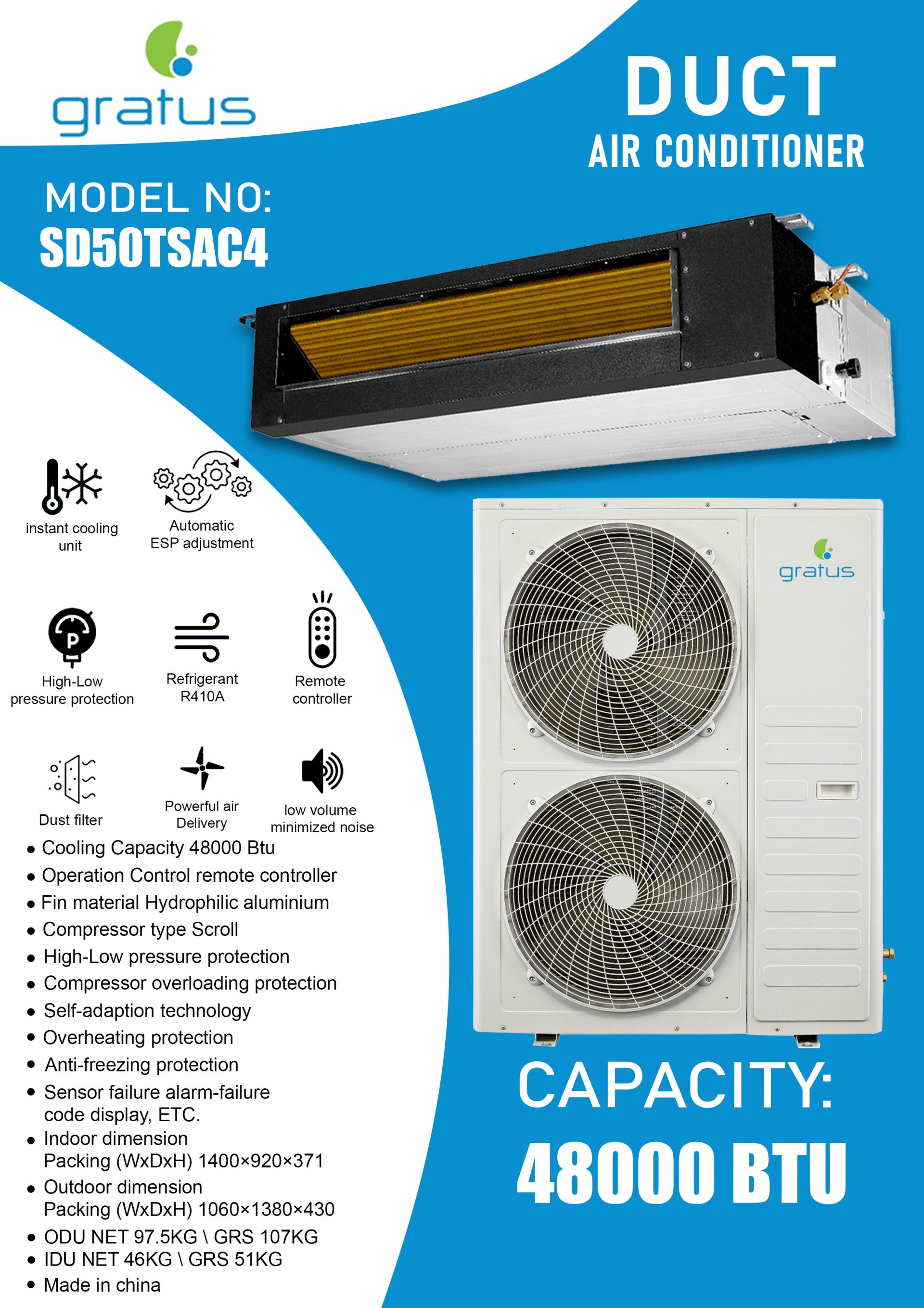 Gratus 4 Ton Duct Type Air Conditioner | T3 Scroll Compressor | Heavy Duty Cooling | SD50TSAC4 image 3