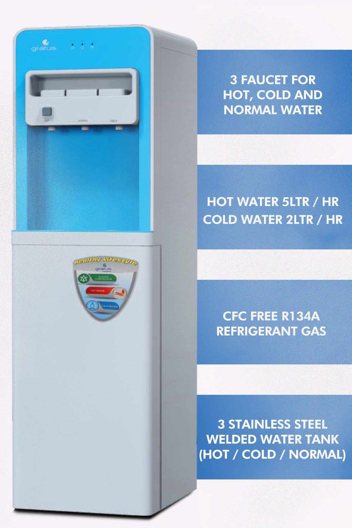Gratus Hot & Cold 3 Tap Floor Standing Top Loading Water Dispenser with Storage Cabinet | Hot image 6