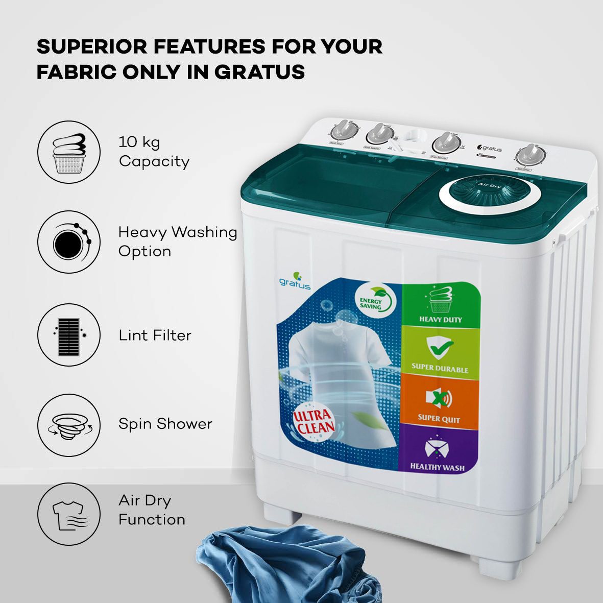 Gratus 12 KG Top Load Semi-Automatic Washing Machine with Spin Dry – GSWM12KCDX1 image 3