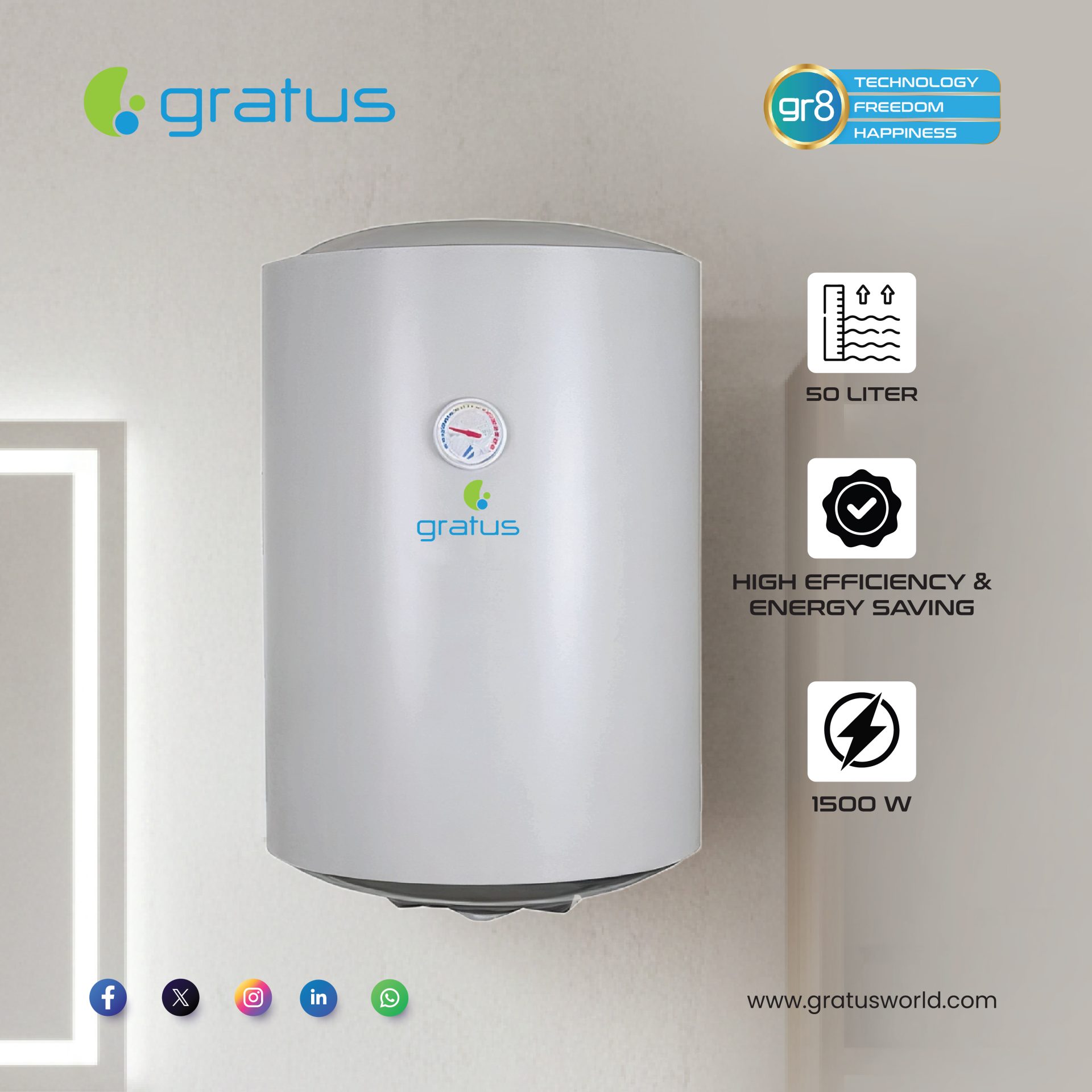 Gratus 100L Vertical Electric Water Heater | 1500W | Glass Enamel Tank | White | SWHE-100V image 4
