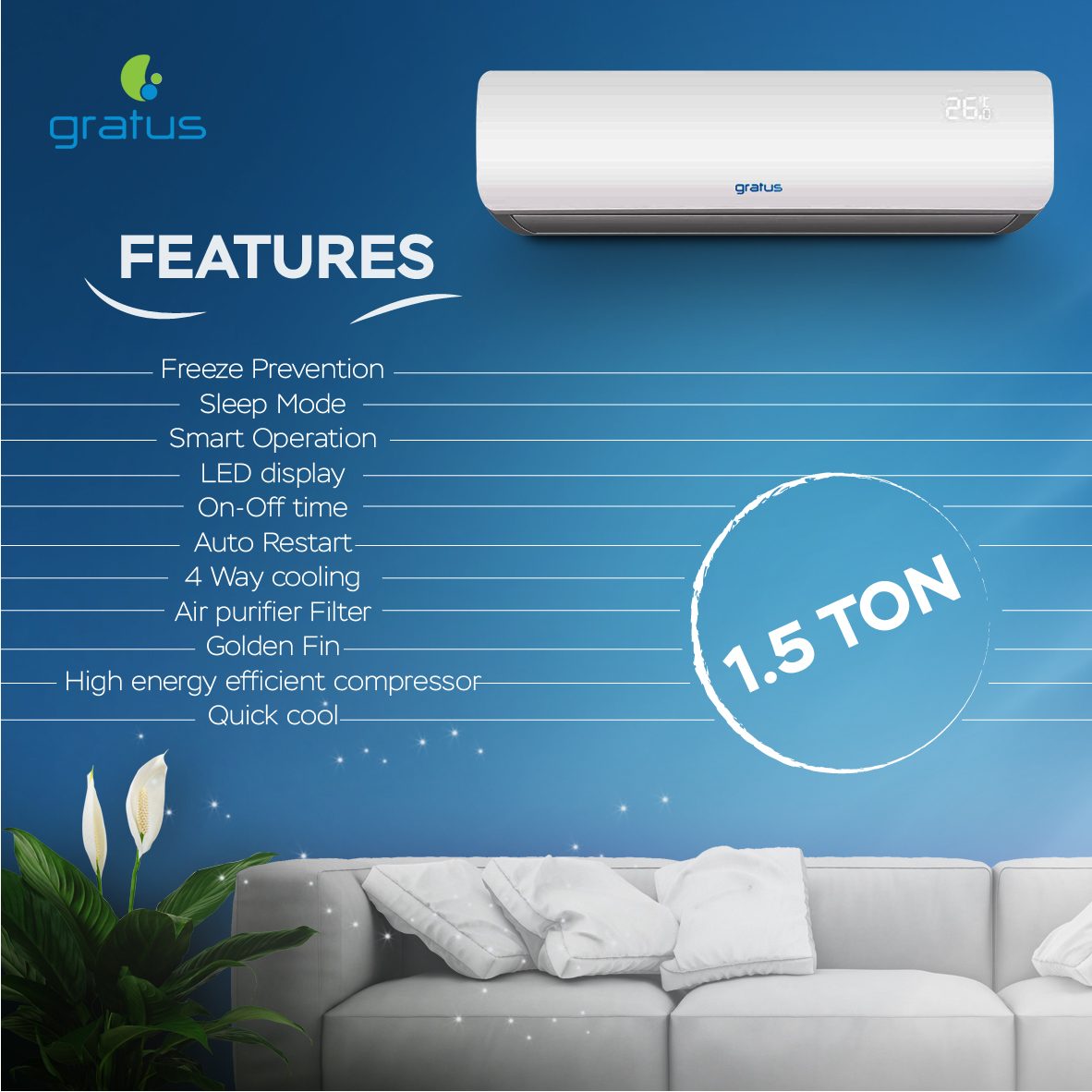 Gratus 1.5 Ton Split Air Conditioner | Frost Self-Clean | 4-Way Cooling | GSAC18TRS image 7