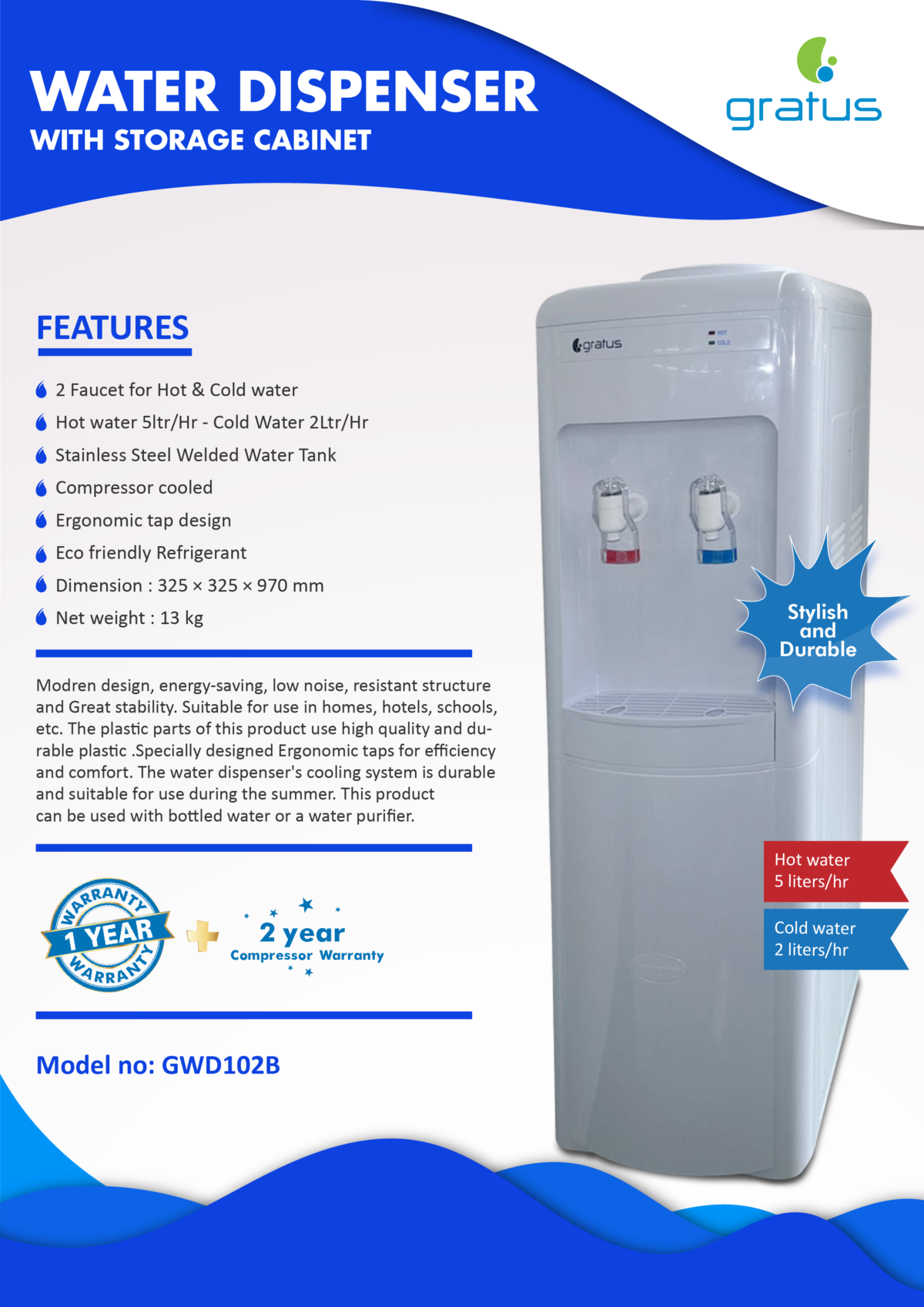 Gratus Hot & Cold 2 Tap Floor Standing Top Loading Water Dispenser | Compressor Cooling | Stainless Steel Hot Water Tank | 1-Year Full & 2-Year Compressor Warranty | GWD102BWDX image 7