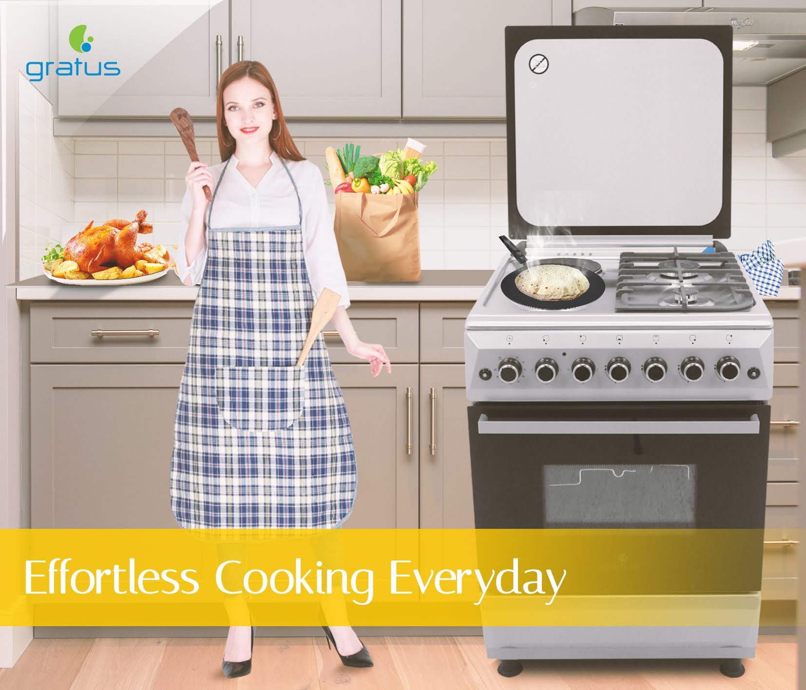 Gratus 60×60 Free Standing Gas Cooker with 2 burner+ 2Hotplate; Turbo Fan product detail image