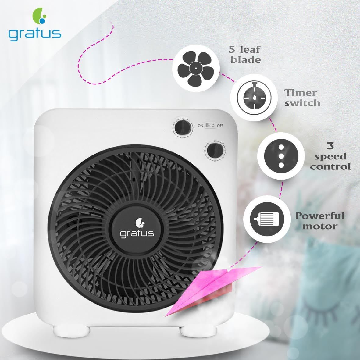 Gratus 12" Electric Box Fan with 5 Leaf Strong Blades image 2