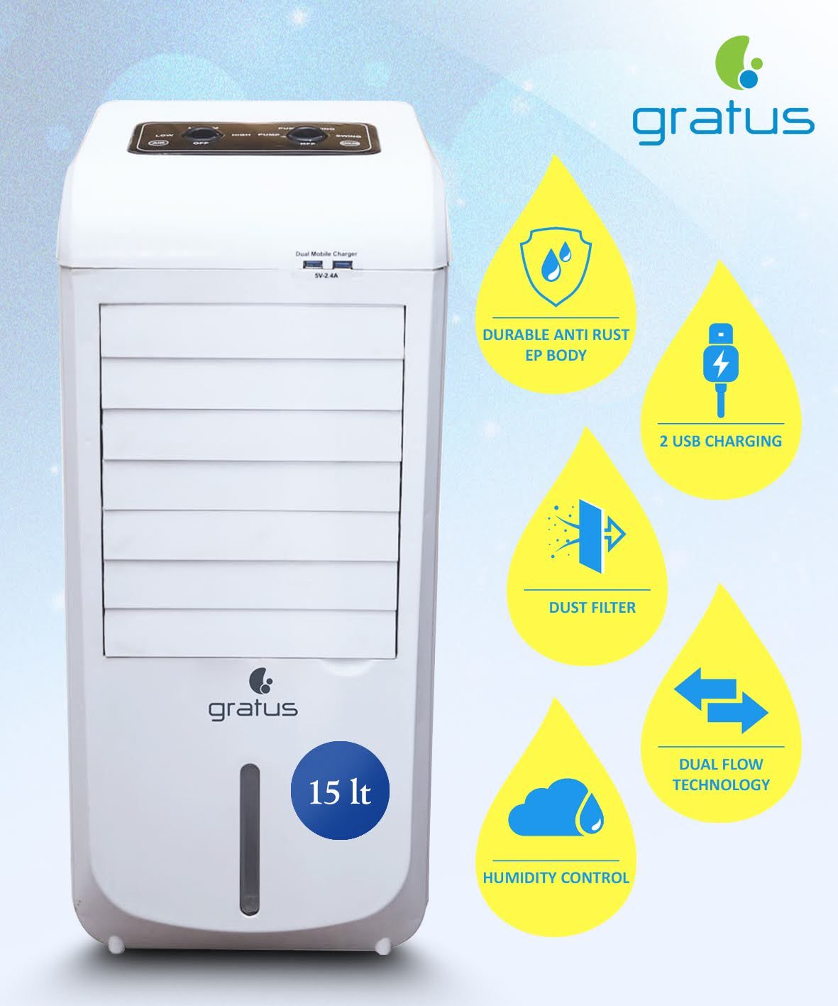 Gratus Baarid Series 15L Air Cooler with Dual Flow Technology product detail image