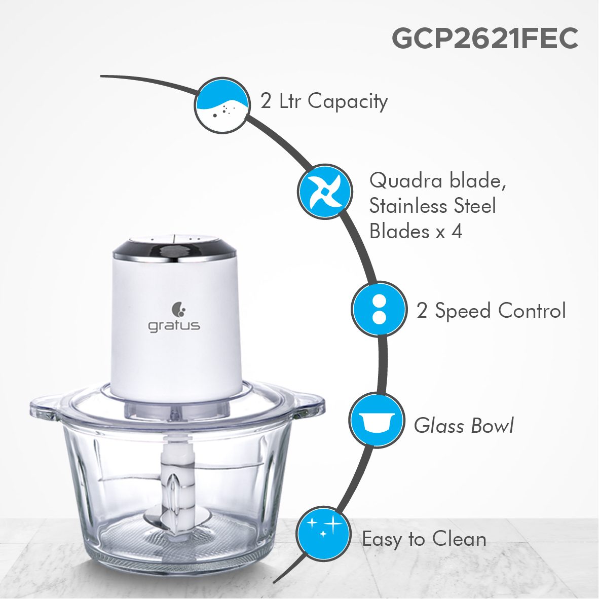 Gratus 2L Hand Chopper with Quadra Stainless Steel Blades image 4