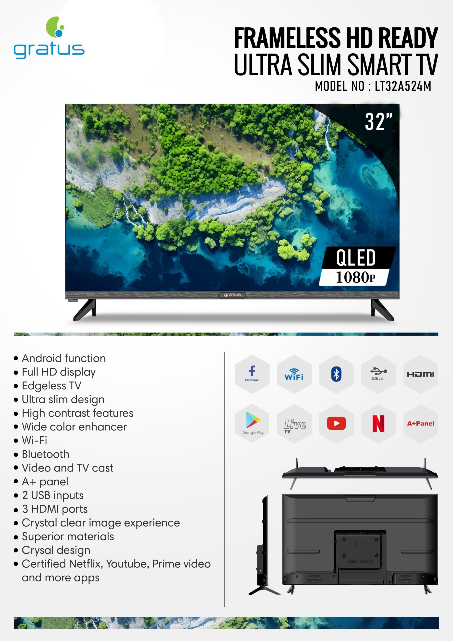 Gratus 32 Inch Edgeless HD Ready LED Smart TV with Android 14 image 7