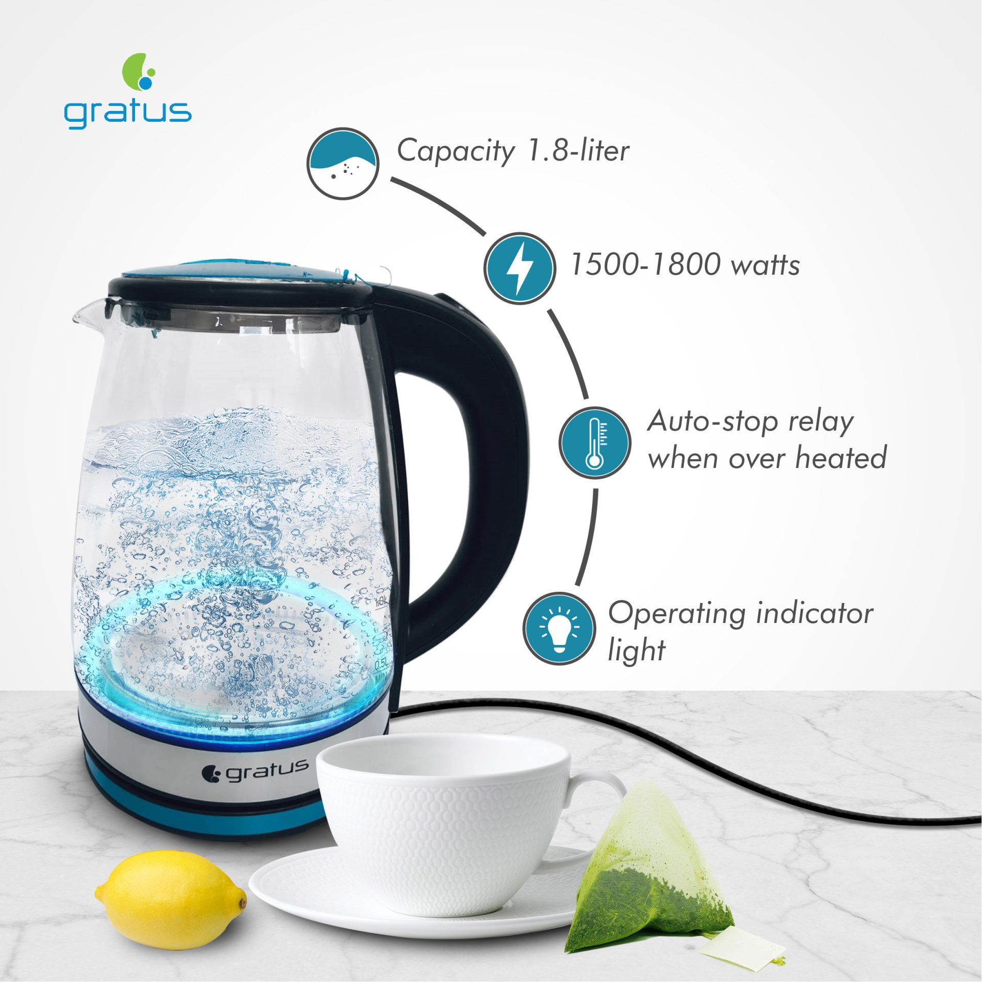 Gratus 1.8L Electric Glass Kettle with 360° Cordless Base image 2