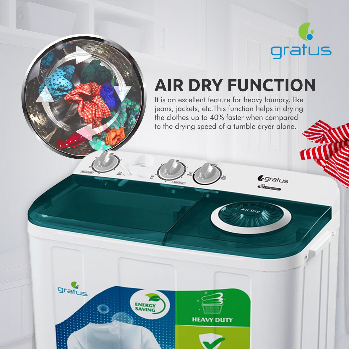 Gratus 7 KG Top Load Semi-Automatic Washing Machine with Spin Dry – GSWM07KCDX1 image 5