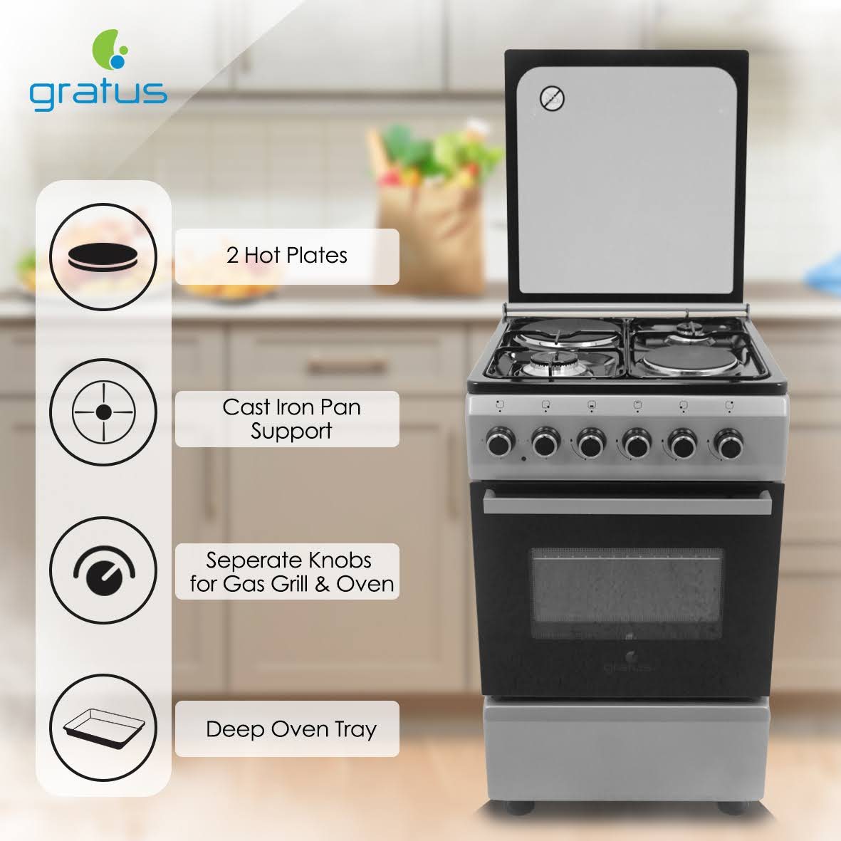 Gratus 50x50 Full Gas Cooker with 2 Burners & 2 Hot Plates | CRH522KTSS1 product detail image