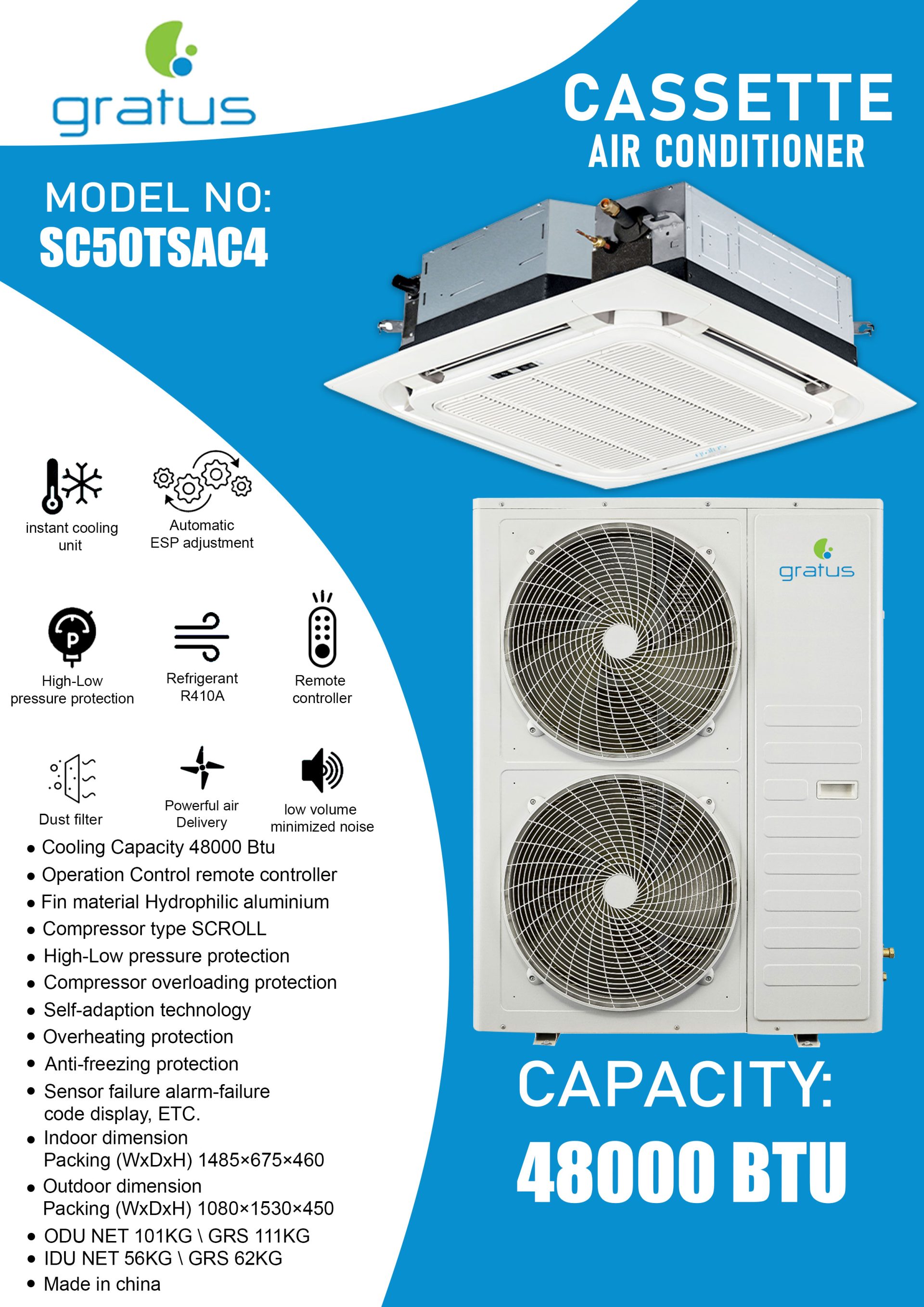Gratus 4 Ton Cassette Type Air Conditioner | T3 Scroll Compressor | 4-Way Airflow | SC50TSAC4 image 3