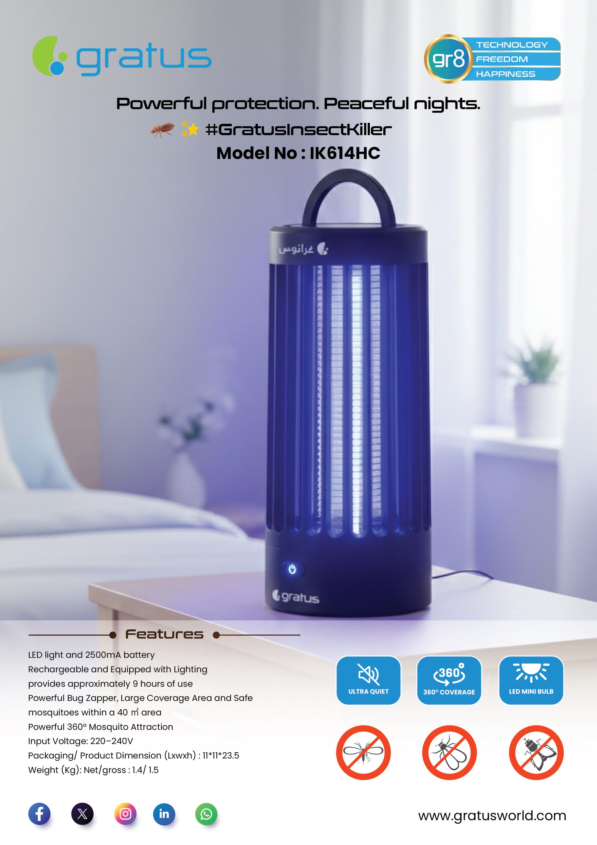 Gratus Rechargeable Insect Killer with LED Light & 2500mAh Battery | Mosquito Killer Lamp Model IK614HC product detail image