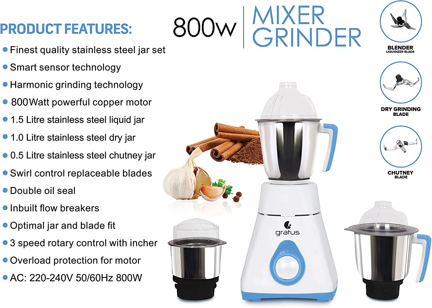 Gratus 800W Mixer Grinder with 3 Stainless Steel Jars image 8