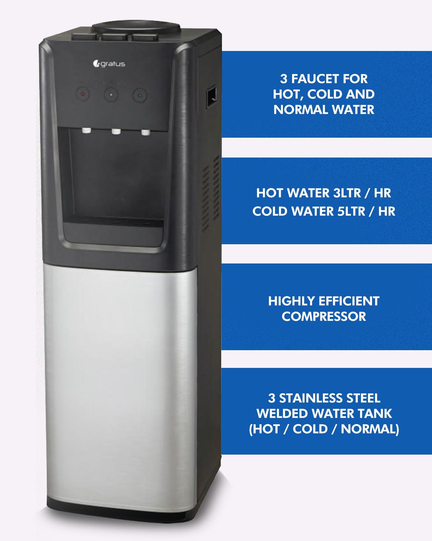 Gratus Hot & Cold 3 Tap Floor Standing Top Loading Water Dispenser with Inbuilt Cabinet | Hot image 4