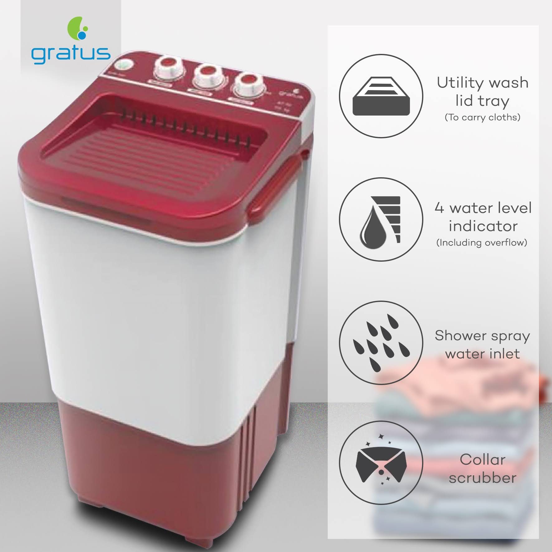 Gratus 7KG Single Tub Washing Machine Dark Maroon | GWST70-DM image 3