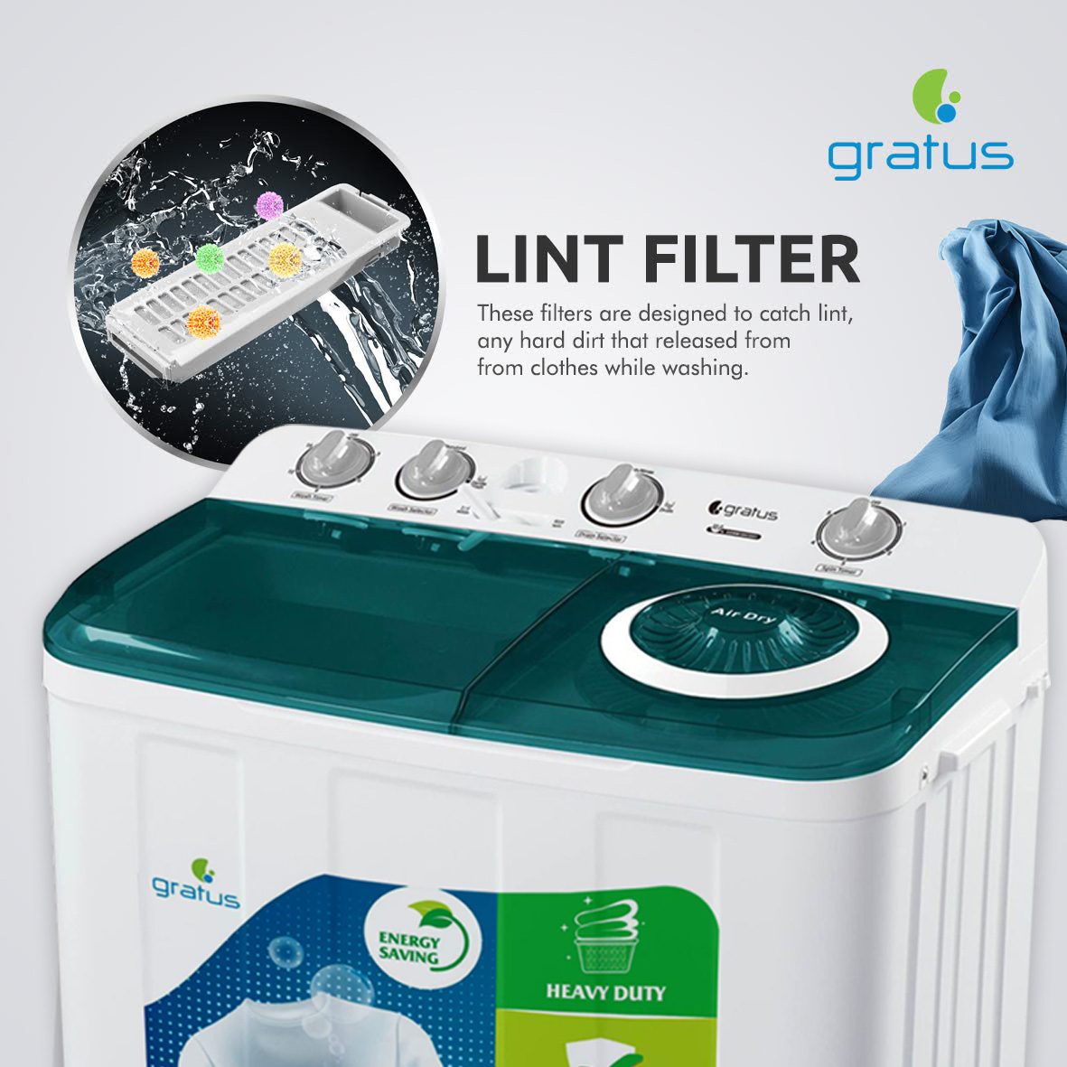 Gratus 12 KG Top Load Semi-Automatic Washing Machine with Spin Dry – GSWM12KCDX1 image 4