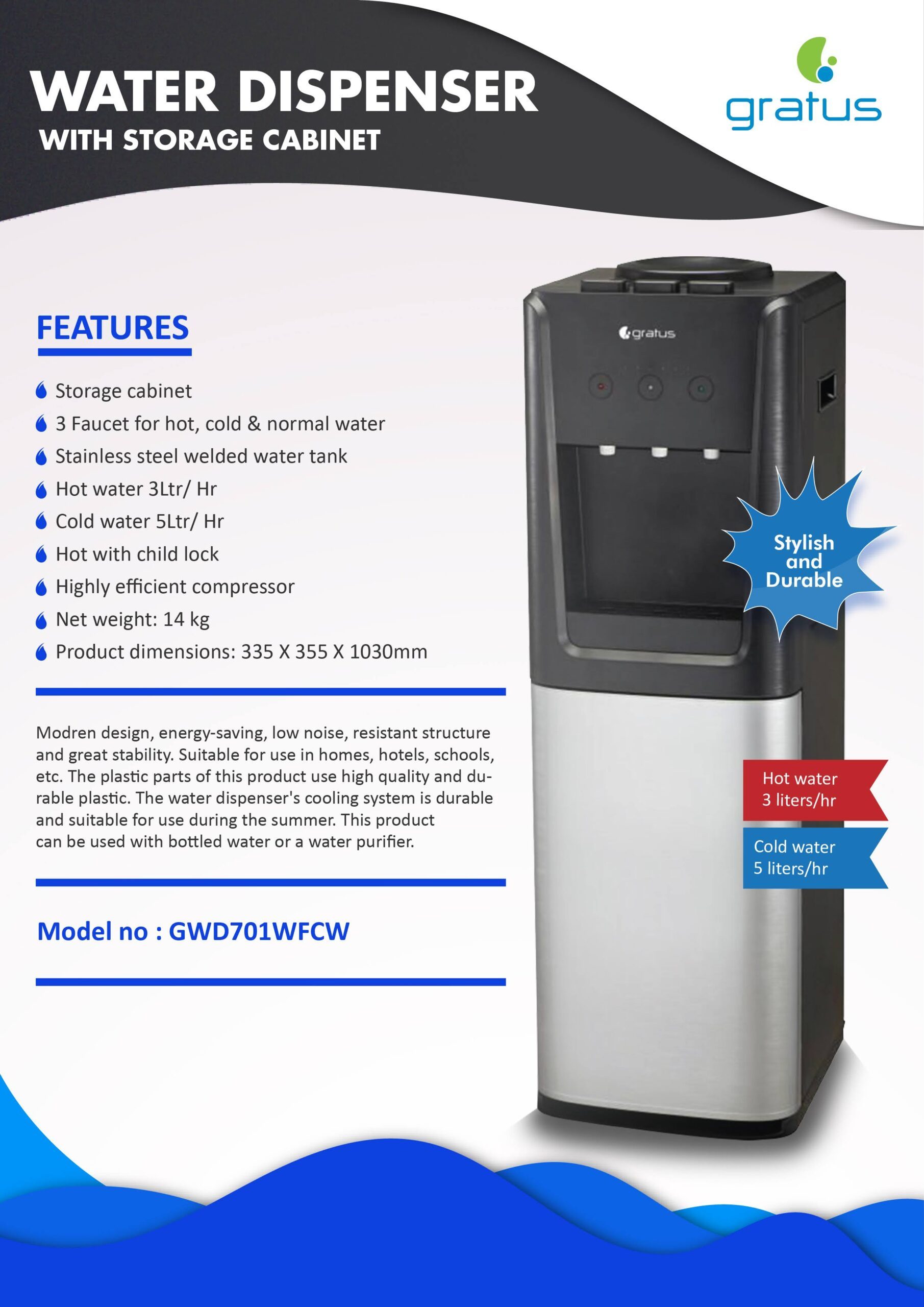 Gratus Hot & Cold 3 Tap Floor Standing Top Loading Water Dispenser With Refrigerator product detail image