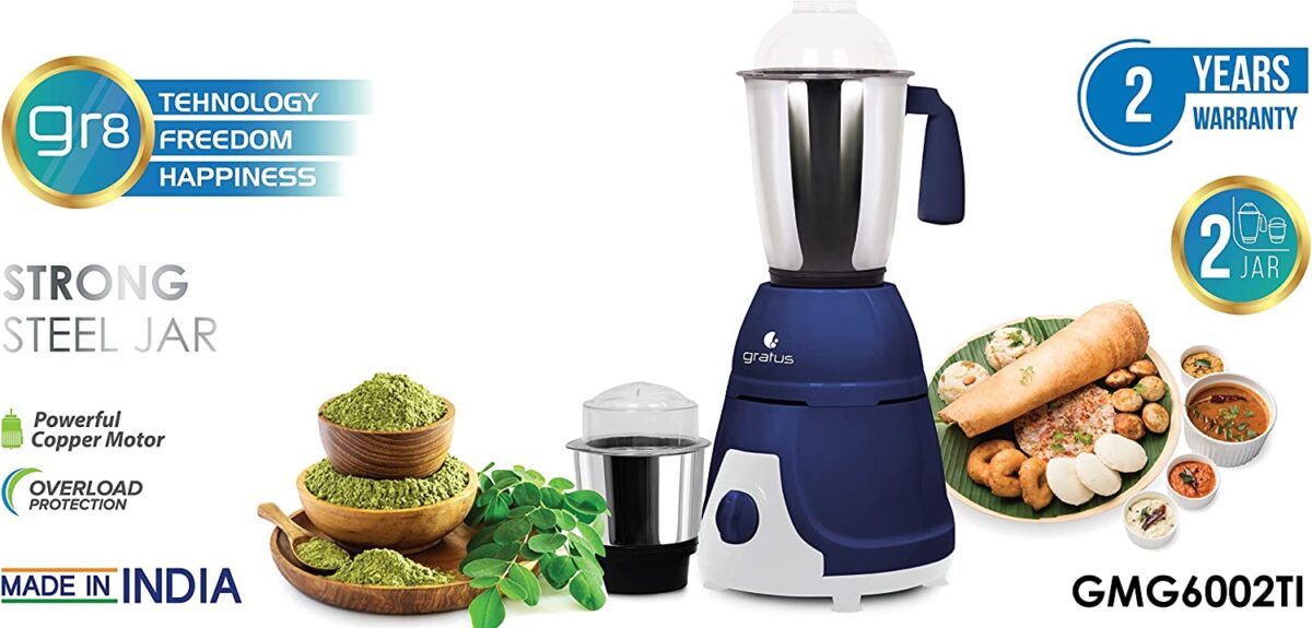 Gratus 600W Mixer Grinder with 2 Stainless Steel Jars image 6