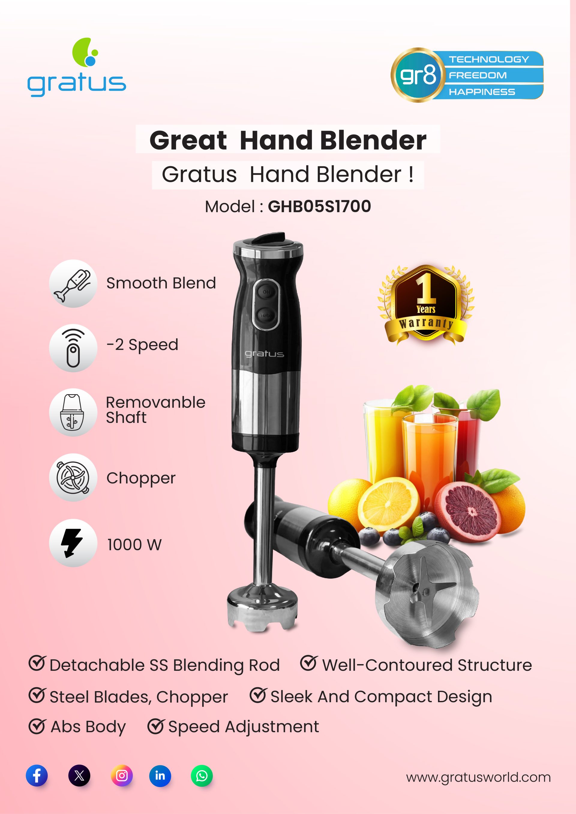 Gratus 1000W Hand Blender with Detachable Stainless Steel Rod | Model GHB05S1700 product detail image