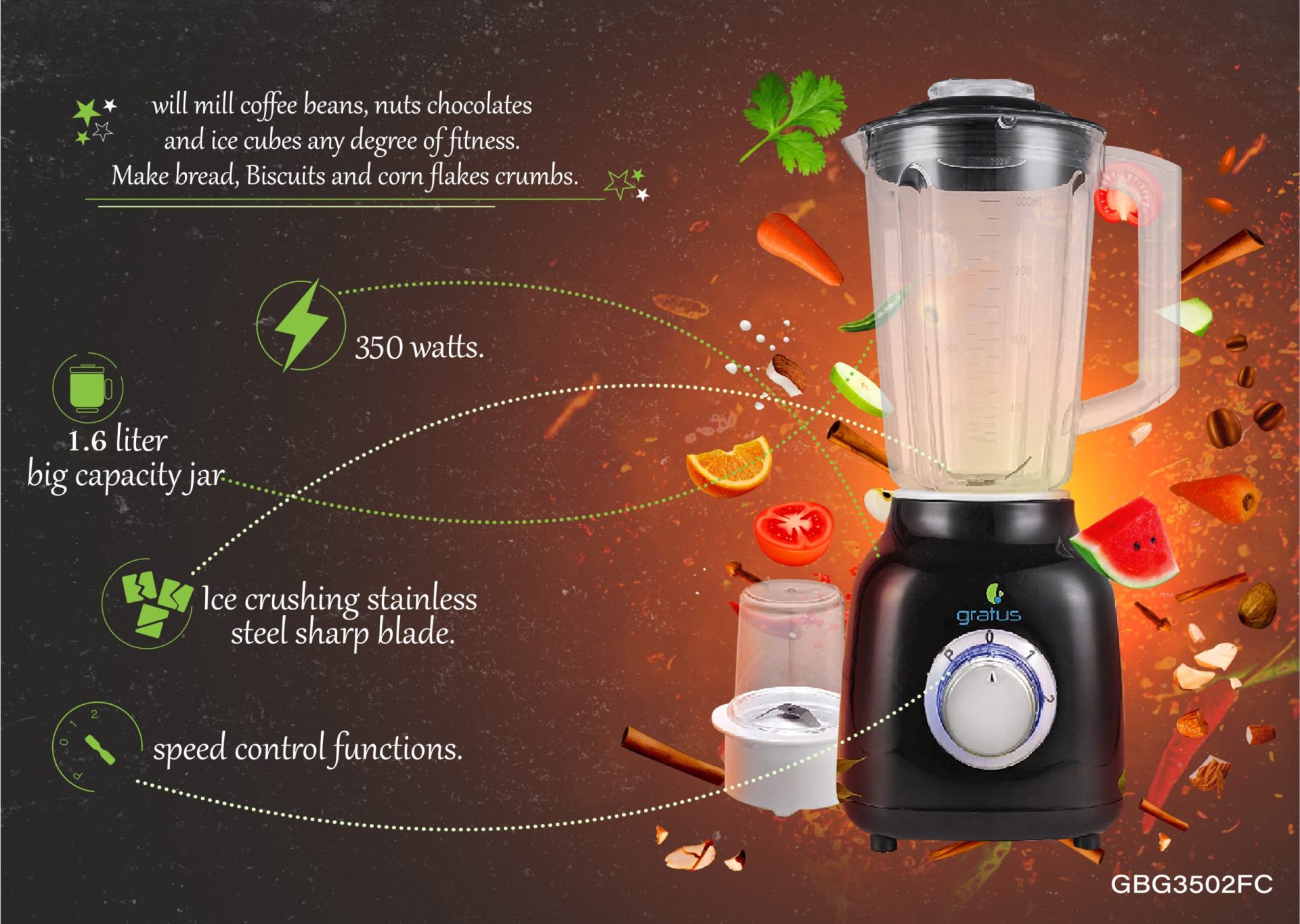 Gratus 350W 2-in-1 Blender with 1.6L Jar & Mill Jar image 3