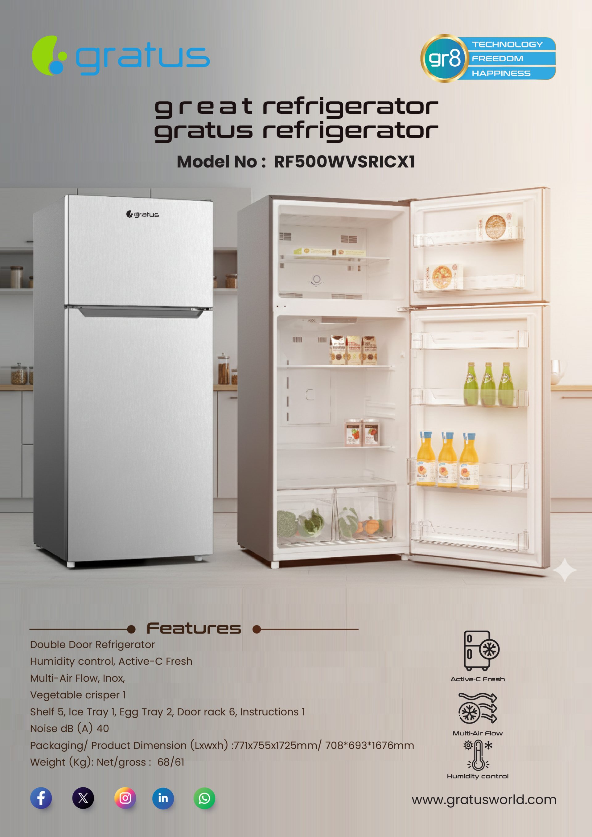 Gratus Golden Fresh Technology Convertible Frost Free Double Door Refrigerator product detail image