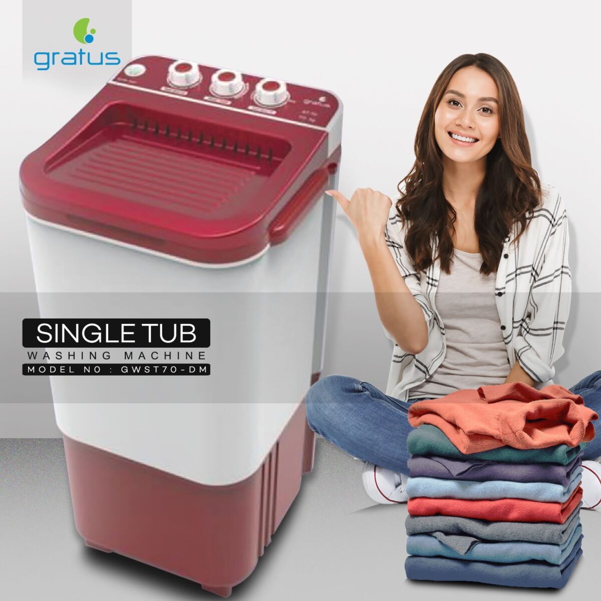 Gratus 7KG Single Tub Washing Machine Dark Maroon | GWST70-DM - Washing Machine by Gratus