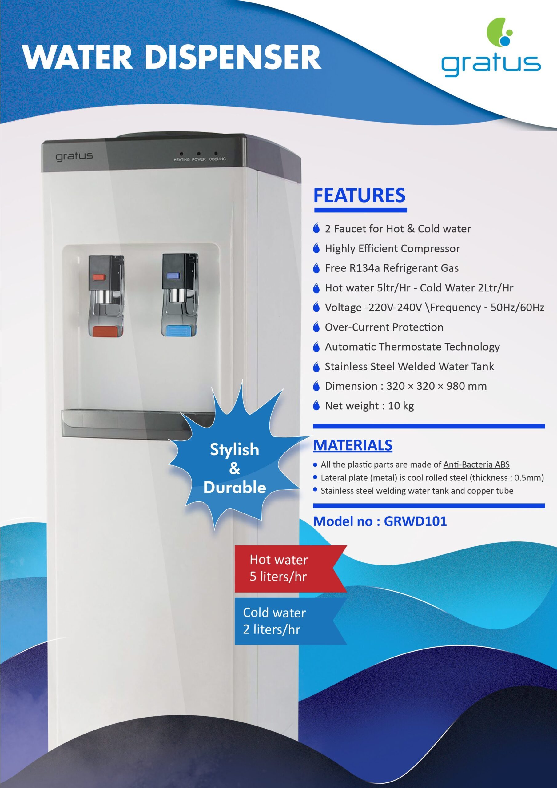 Gratus Hot & Cold 2 Tap Floor Standing Top Loading Water Dispenser | Compressor Cooling | Stainless Steel Hot Water Tank | 1-Year Full & 2-Year Compressor Warranty | GRWD-101 2 image 7