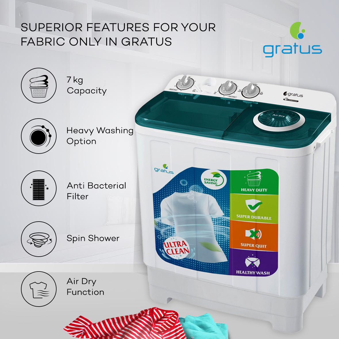 Gratus 7 KG Top Load Semi-Automatic Washing Machine with Spin Dry – GSWM07KCDX1 image 7