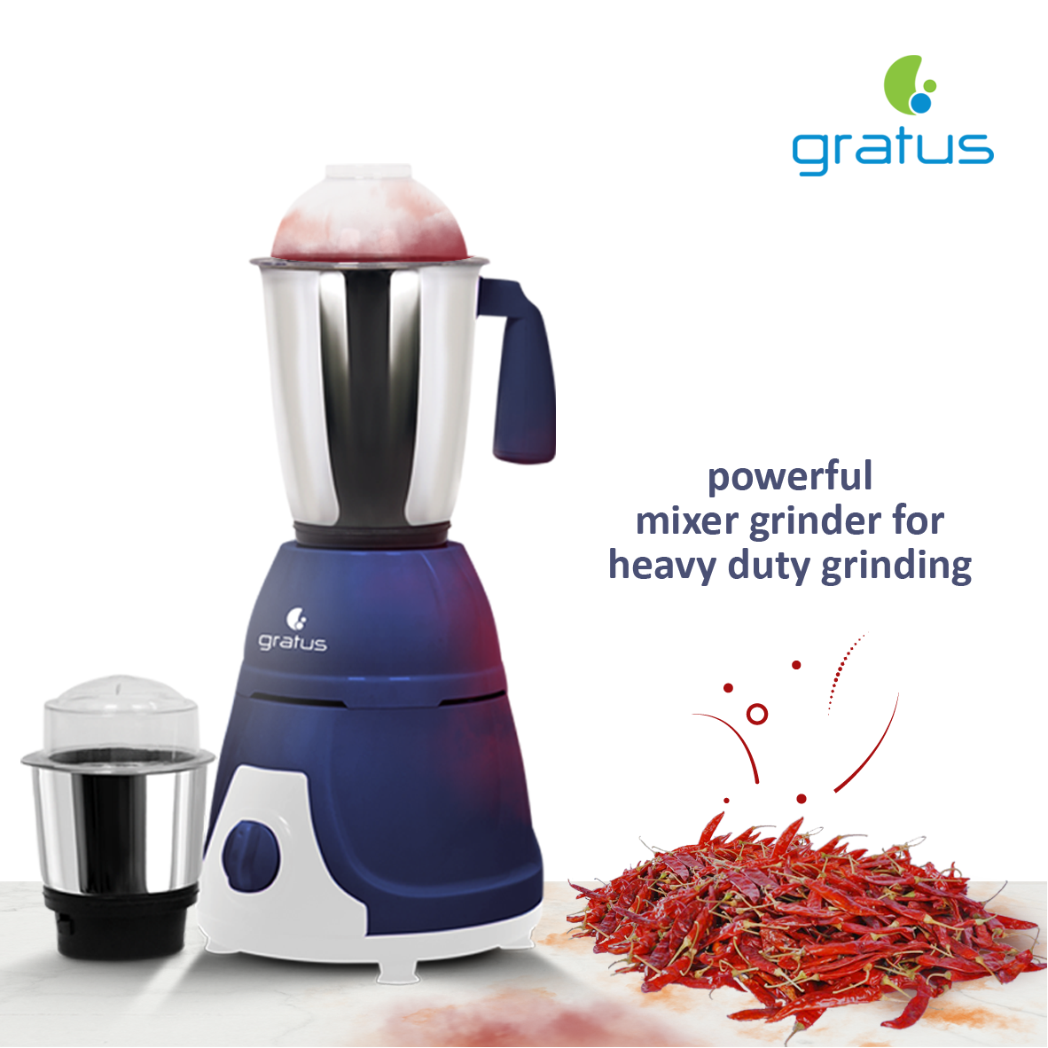 Gratus 600W Mixer Grinder with 2 Stainless Steel Jars image 3