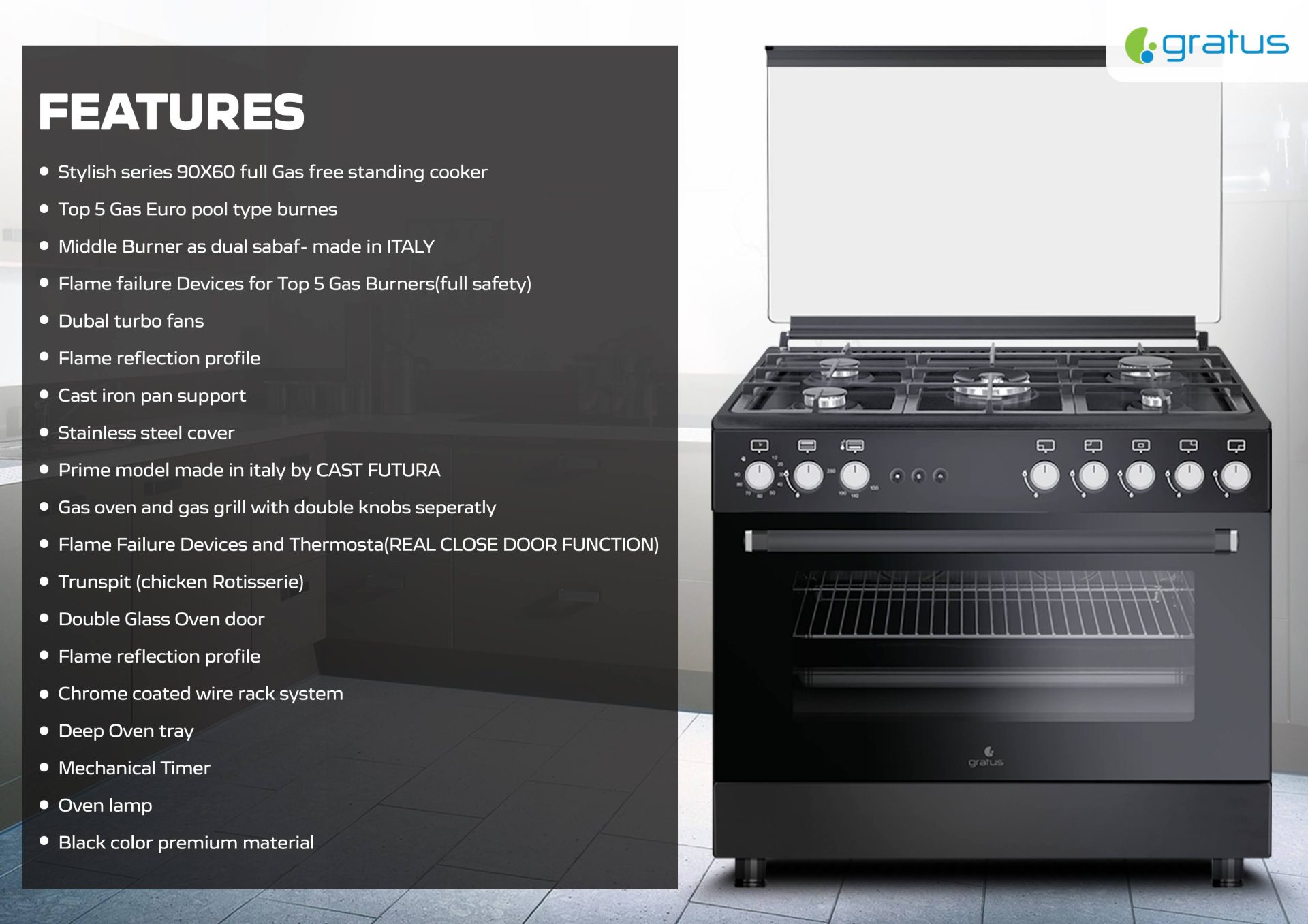 Gratus 90×60 cm Full Safety Free Standing Gas Cooker with 5 Euro Burners (Black) – GGR951F1BS1 product detail image