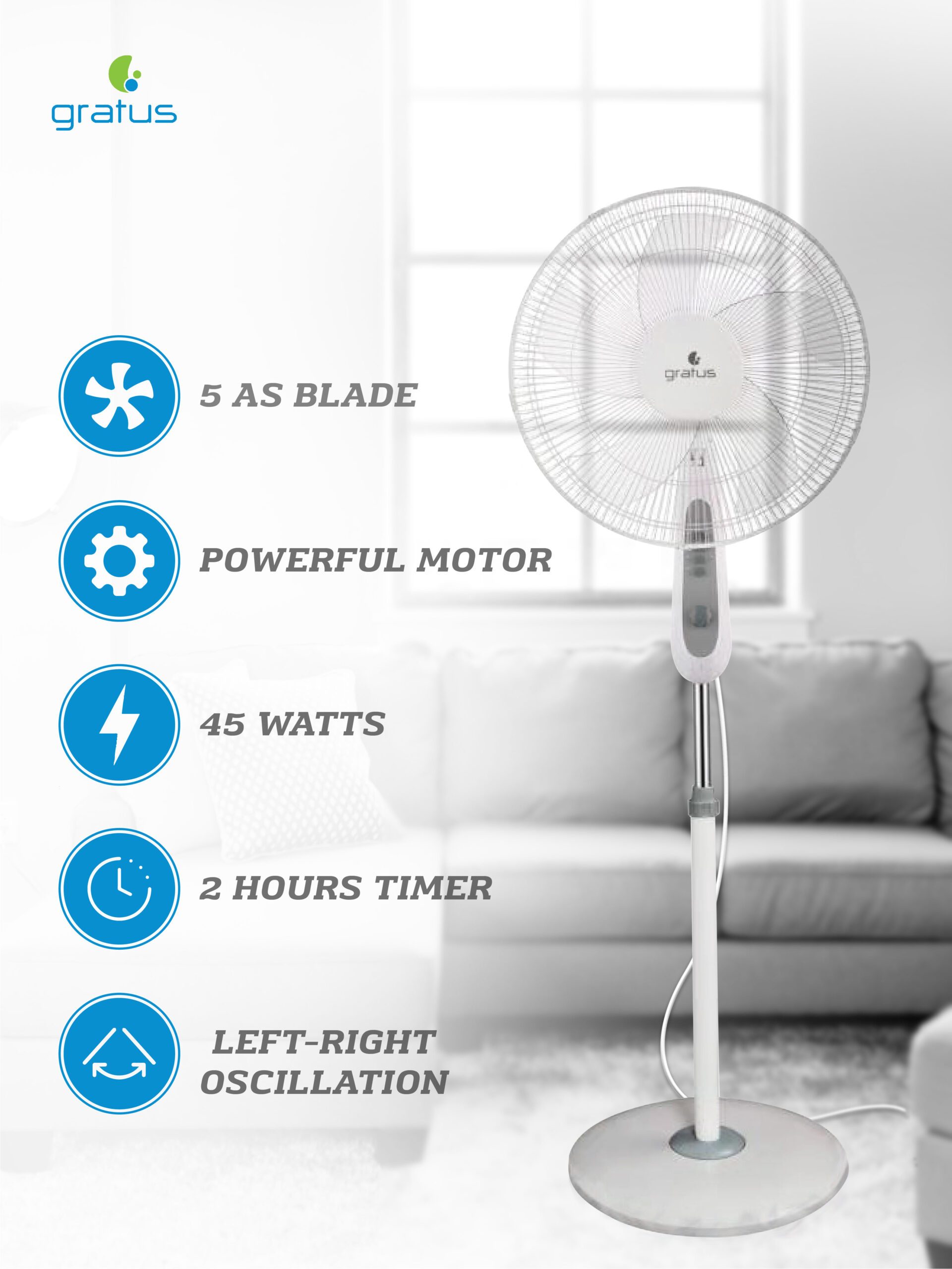 Gratus 16 Inch Pedestal Stand Fan 45W with 5 AS Blades & 2-Hour Timer – GRSF20121HAHC image 3