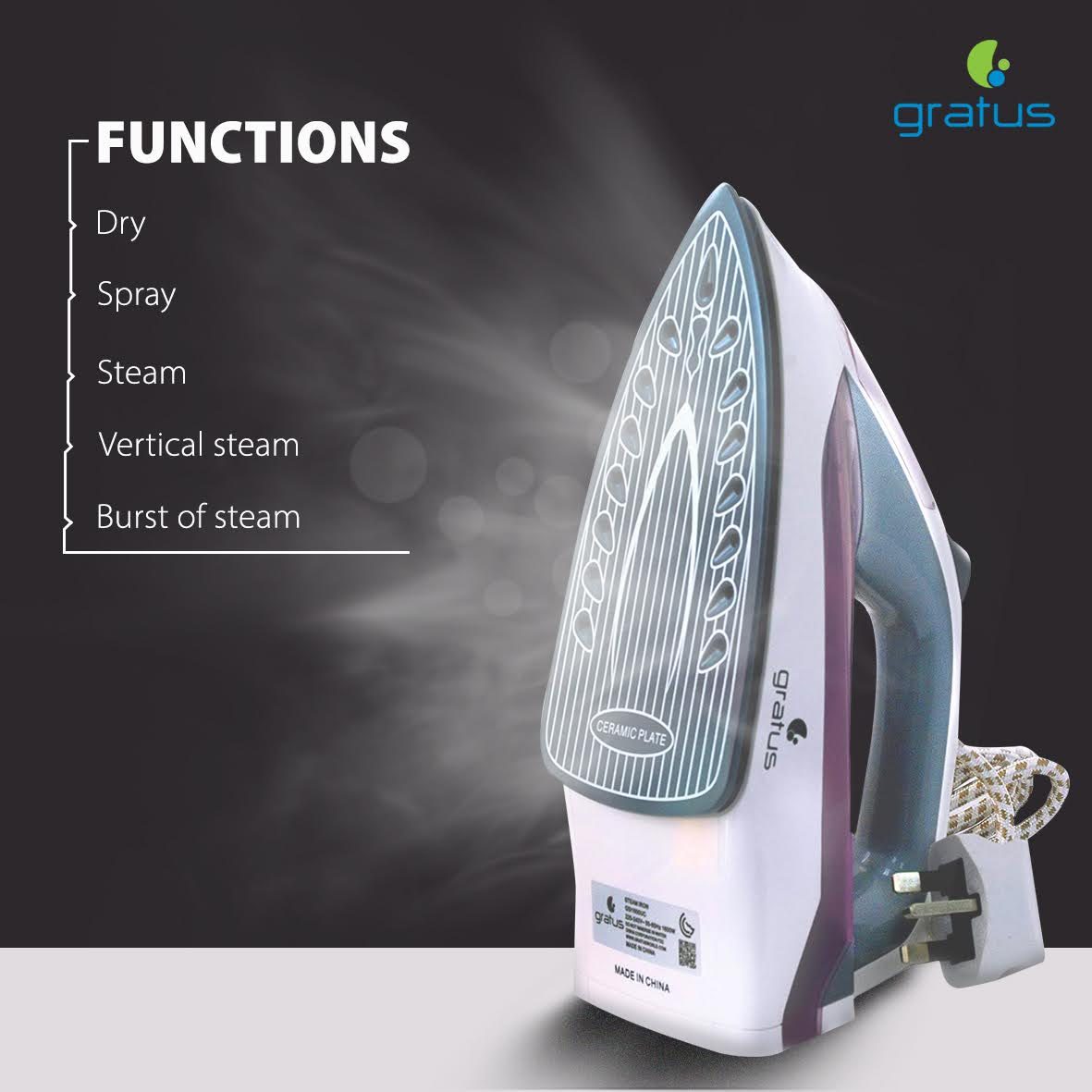 Gratus 1600W Steam Iron with Ceramic Soleplate – GSI1600UC image 4