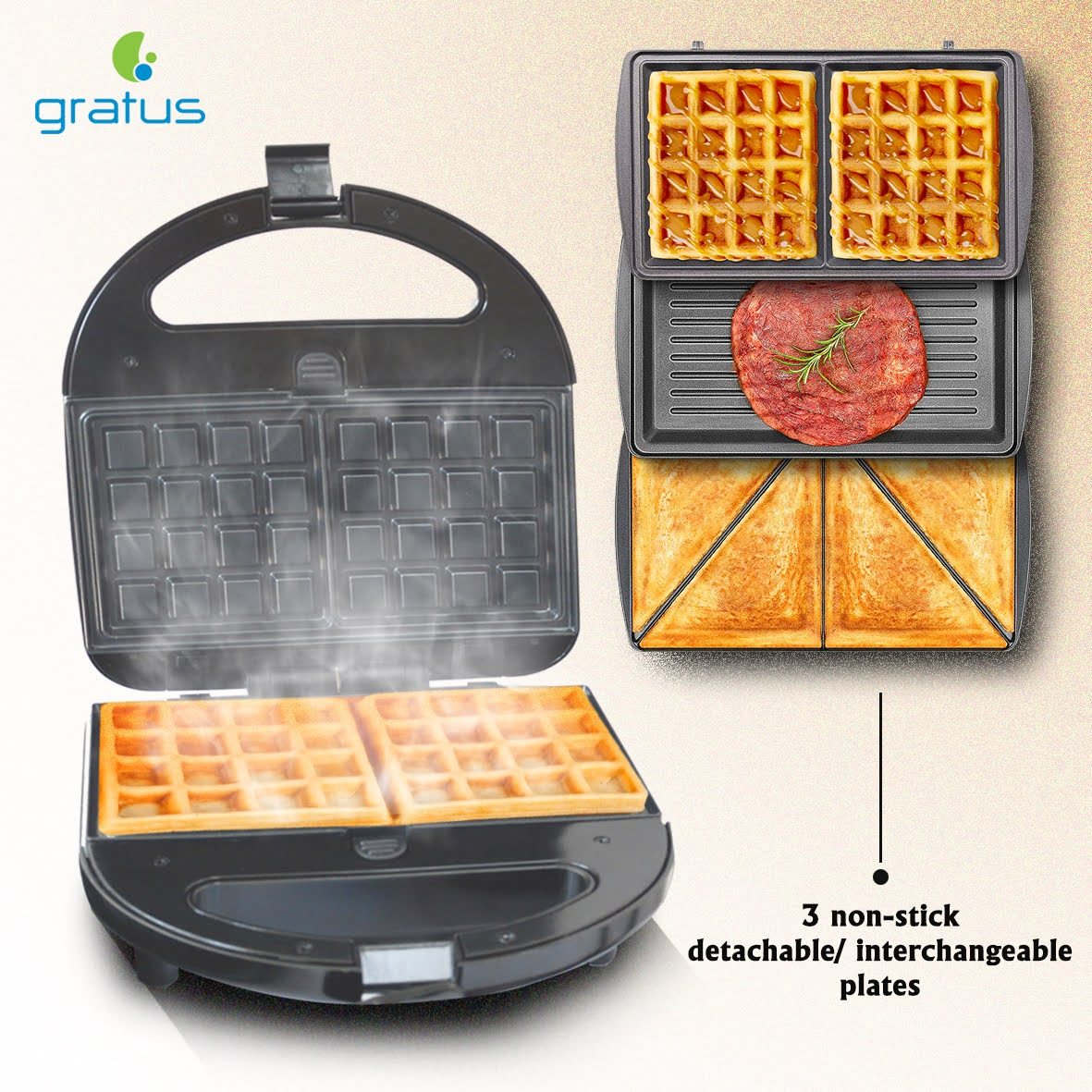 Gratus 750W 3-in-1 Sandwich Maker image 4