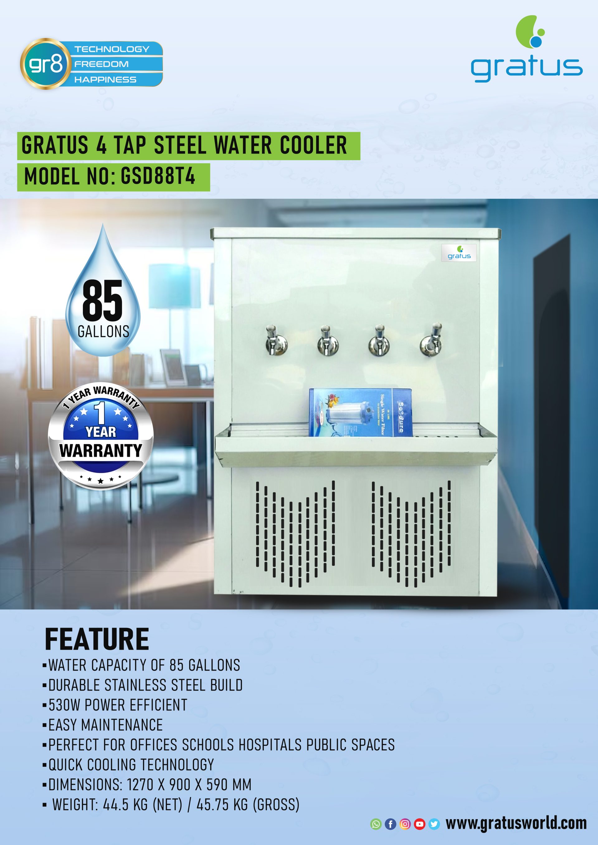 Gratus 4 Taps 85 Gallons Commercial Stainless Steel Water Cooler | GSD88T4 image 5